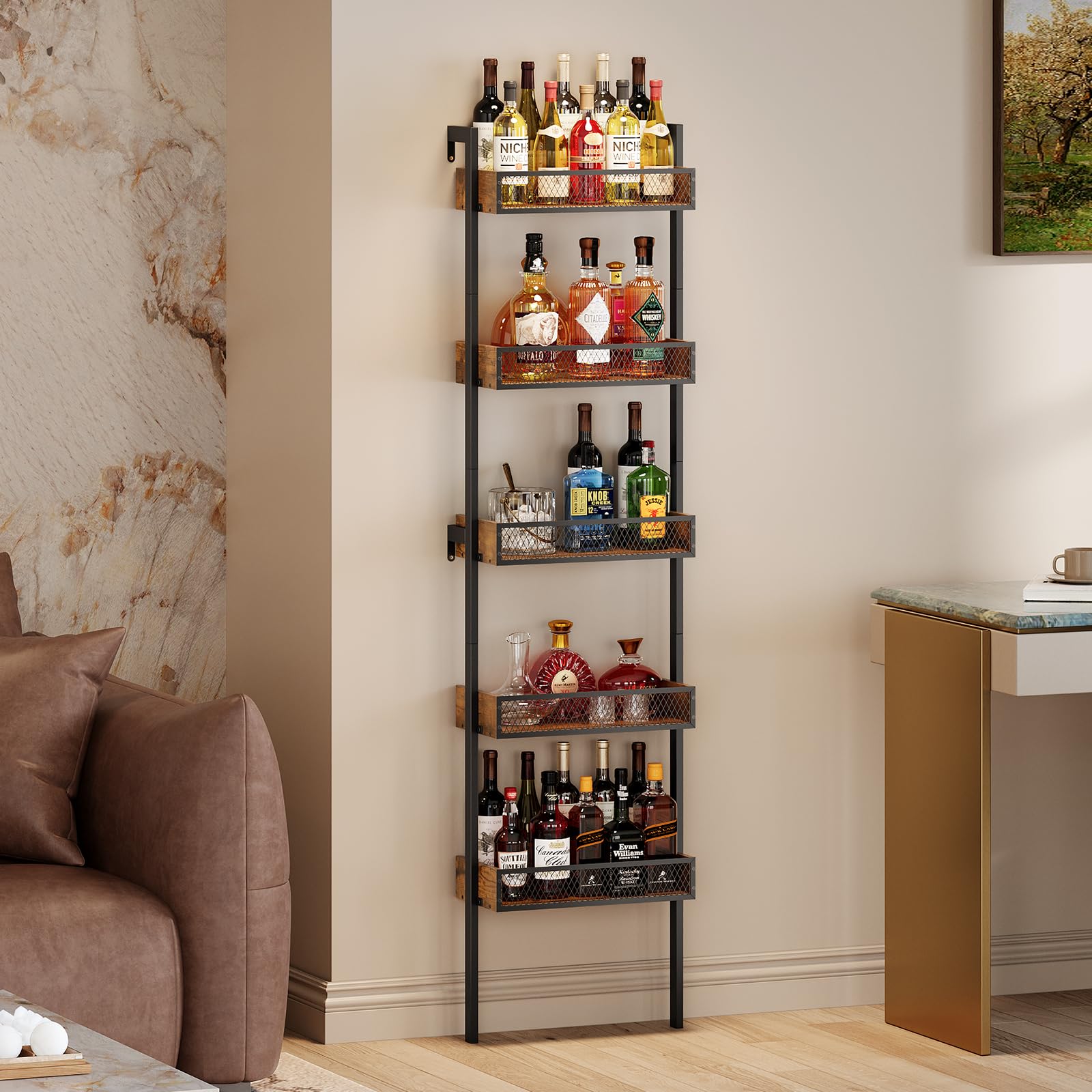 VEDECASA 5‑Stufiges Weinregal & Liquor Stand – Freistehendes Flaschenregal & Wand‑Display Regal für Wein & Spirituosen – Rustik‑Braun Holz/Metall Dekor – Bar, Küche & Wohnzimmer Weinständer
