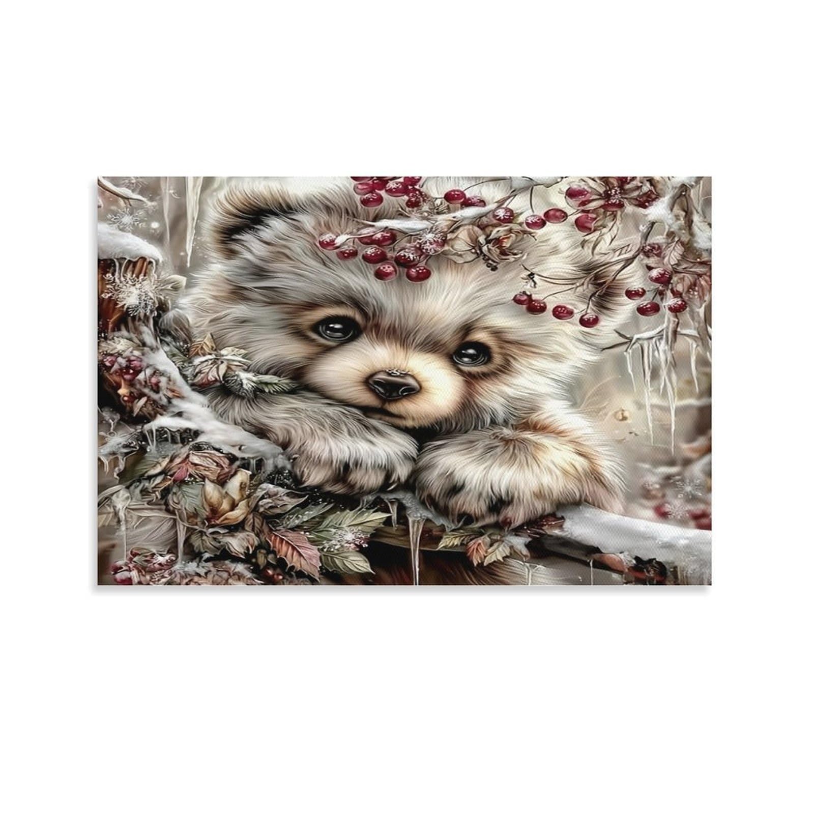 CPLVKWRQJ Cute Bear Winter Scene 1 Piece Fluffy Puppy Winter Berry Twigs Canvas Art - Birthday Gift Bedroom Canvas Painting Easy to Clean Wall Decor 08x12inch(20x30cm)