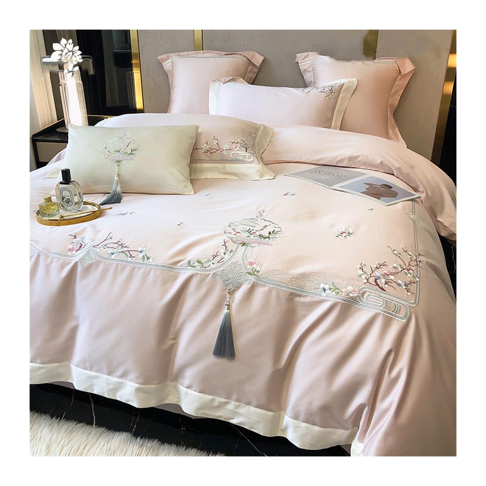 Parure de lit 4 pièces en coton longues fibres haut de gamme brodée style chinois 220x240cm rose
