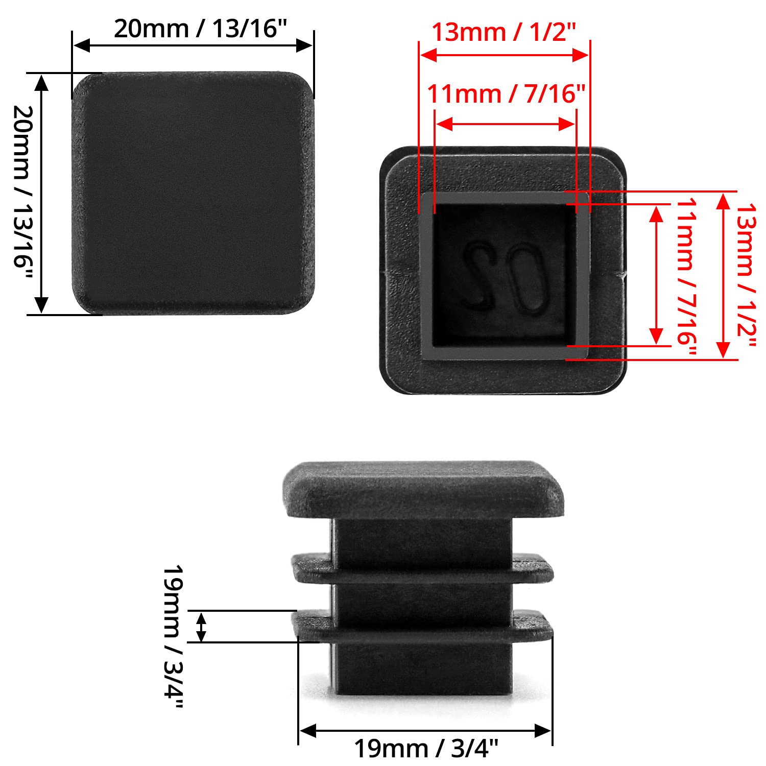 35pcs 4x4"Plastic Square Ribbed Tube Inserts End Cap Furniture Floor Protector - Black - Bed-254042