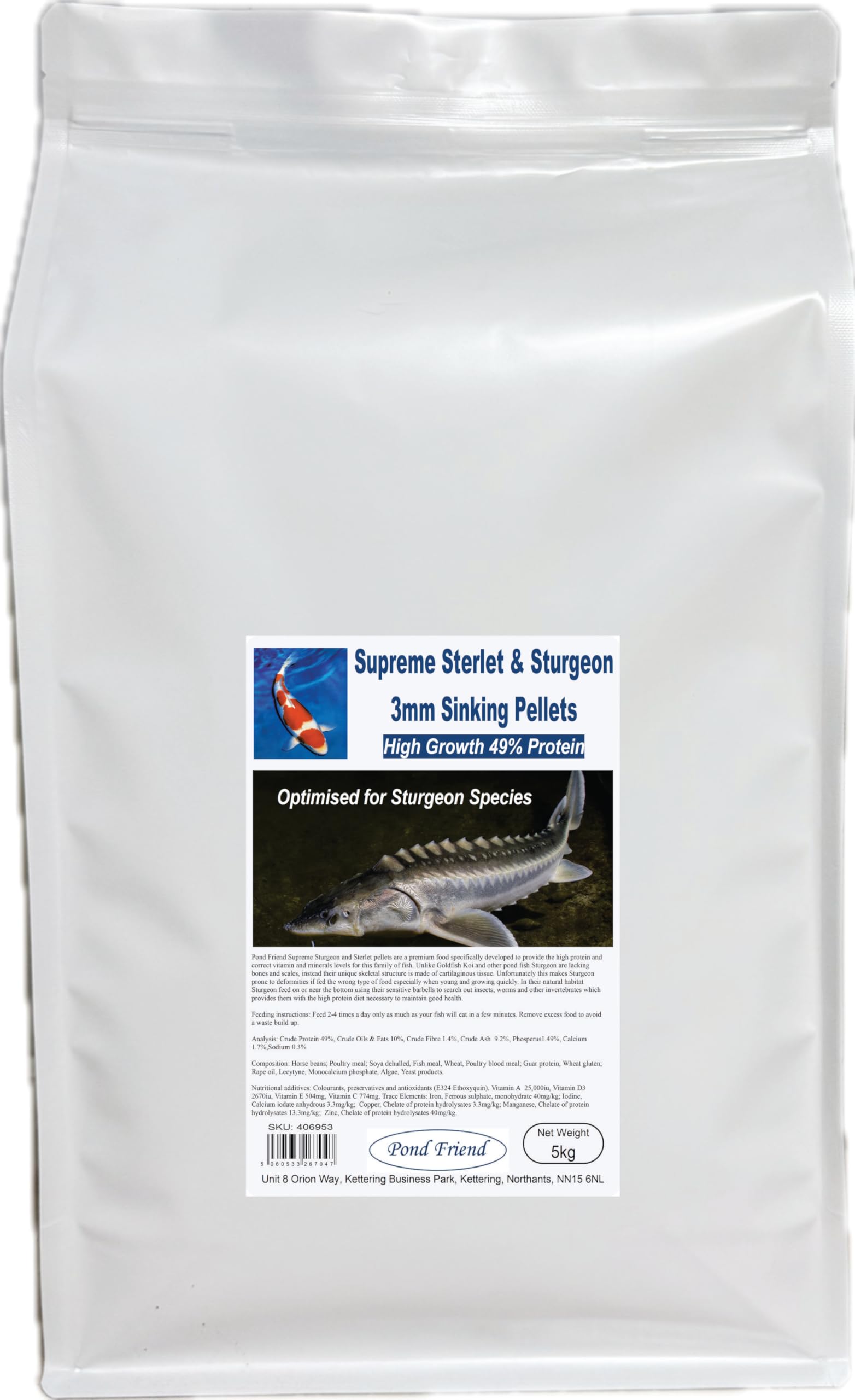 Pond Friend Supreme Sturgeon Pellets 3mm 5kg - 49% High Protein Sinking Growth Food For Bottom Feeding Pond Fish