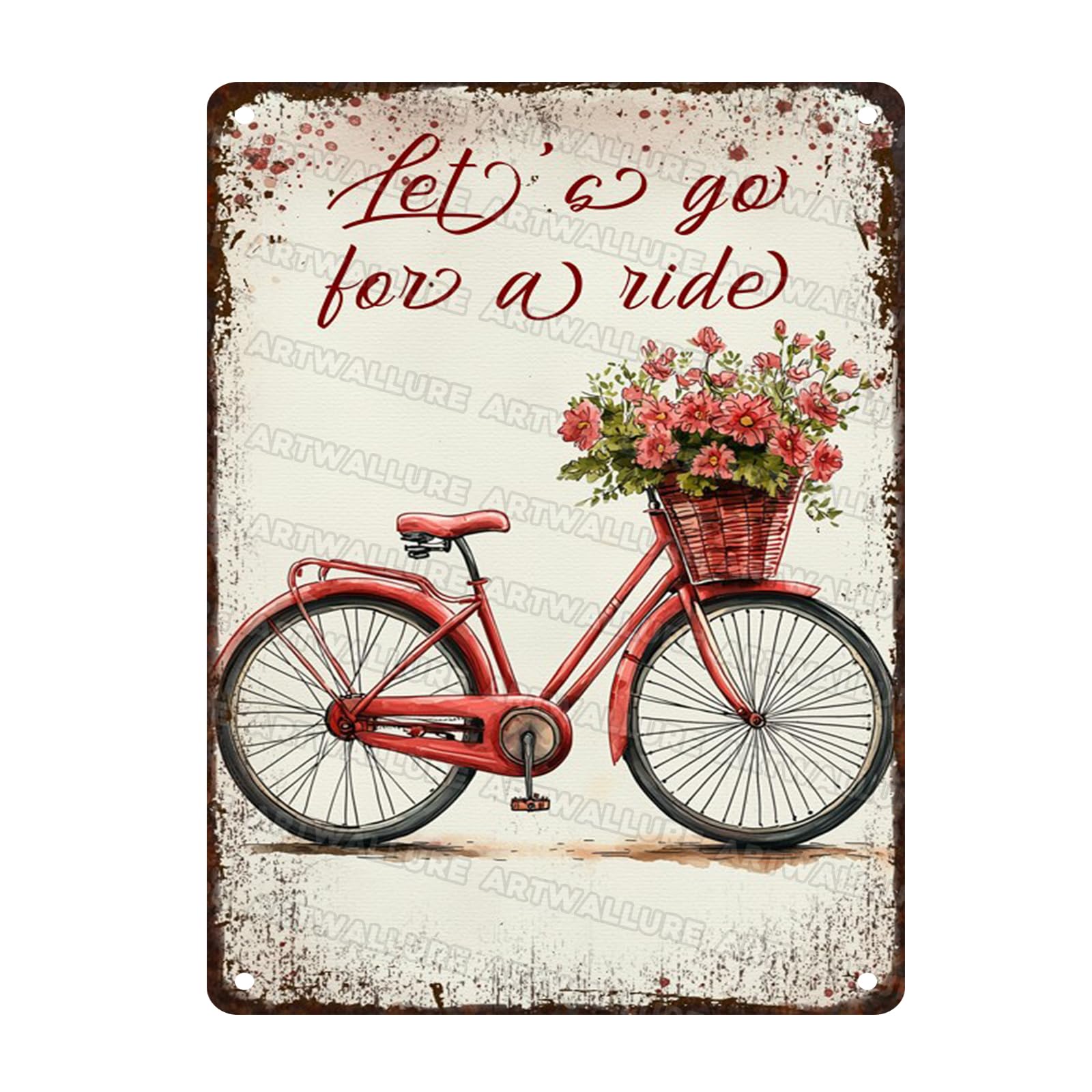 Bike with Flower Tin Sign Let's Go for A Ride Metal Sign Wall Decor Farmhouse Decor for Home Cafes Office Pubs Club Sign 12x16inch