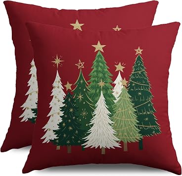 Christmas Pillow Covers 18X18 Set of 2, Red Xmas Tree Winter Decorative Throw Pillowcases Holiday Outdoor Farmhouse Seasonal Cushion Cases Couch Sofa Bed Decor