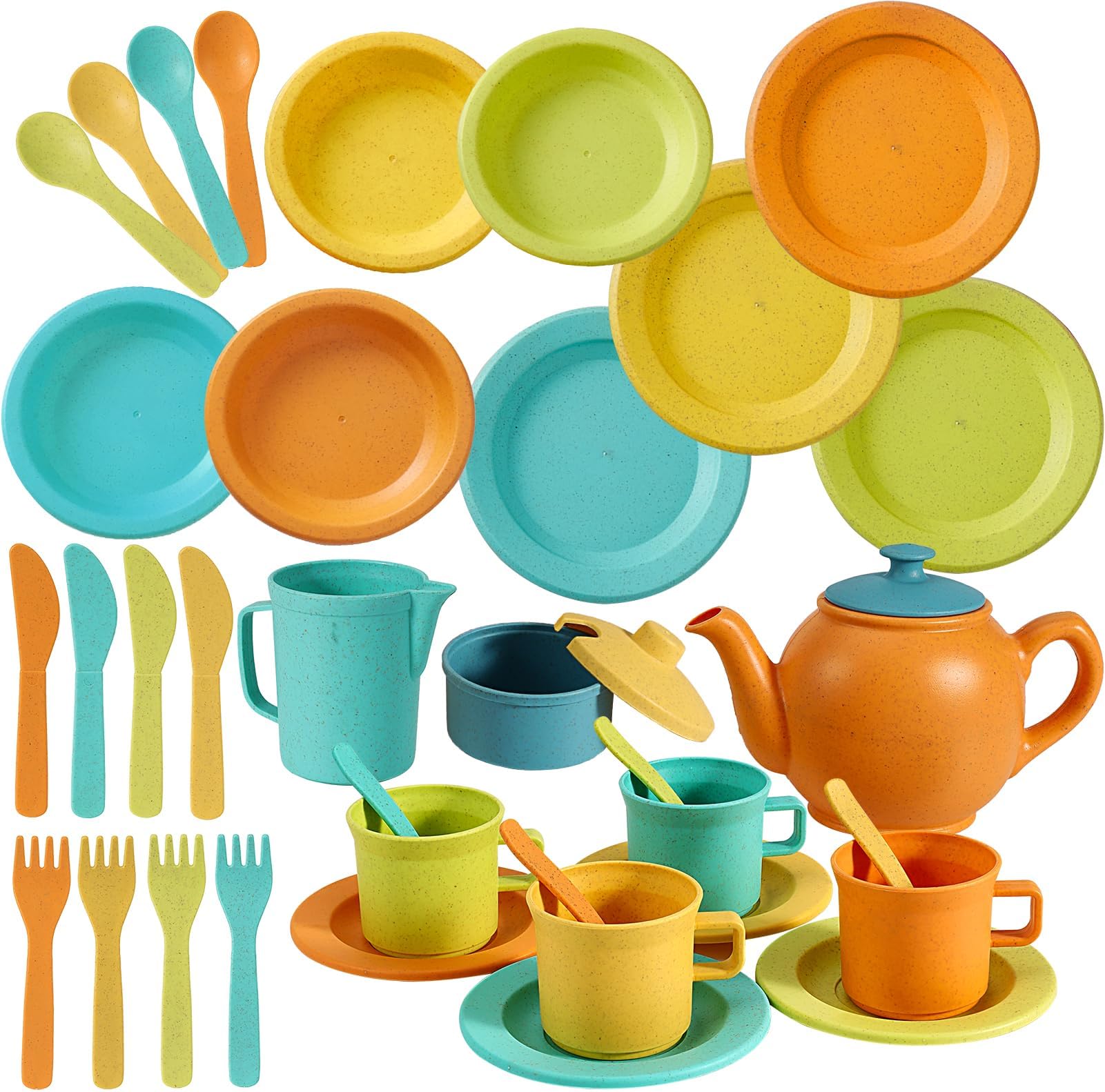 AOLEVA Kids Tea Set and Kitchen Accessories for Ages 3 4 5+ Years Olds, Plastic Pretend Role Play Kitchen Toy Tea Cups, Play Dish Plates Cutlery Dinner Set Gifts for Children Toddler Kids