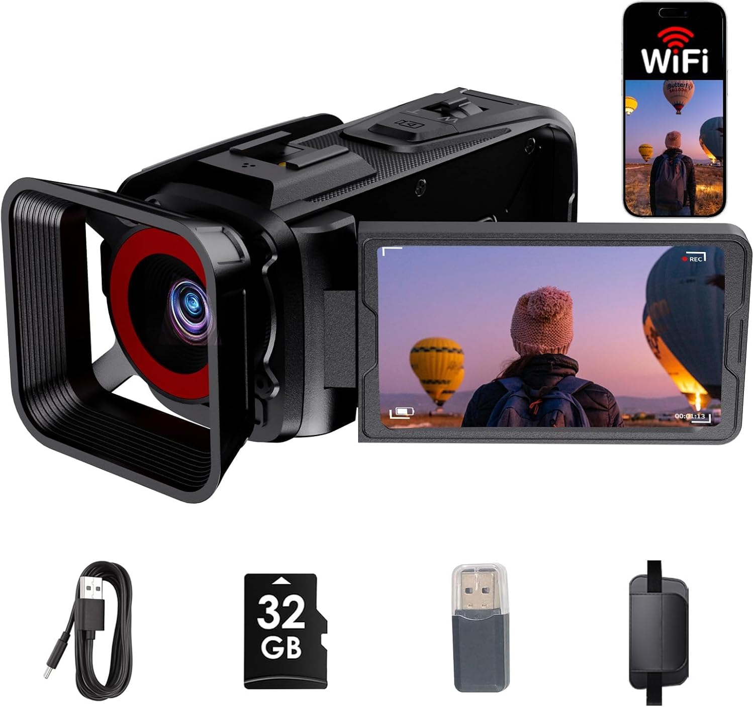 4K Video Camera Camcorder, 64MP with 3" 270° Flip Screen, 18X Zoom, WiFi and Webcam for YouTube, 32GB SD Card, Built-in Rechargeable 2500mAh Battery(Black)