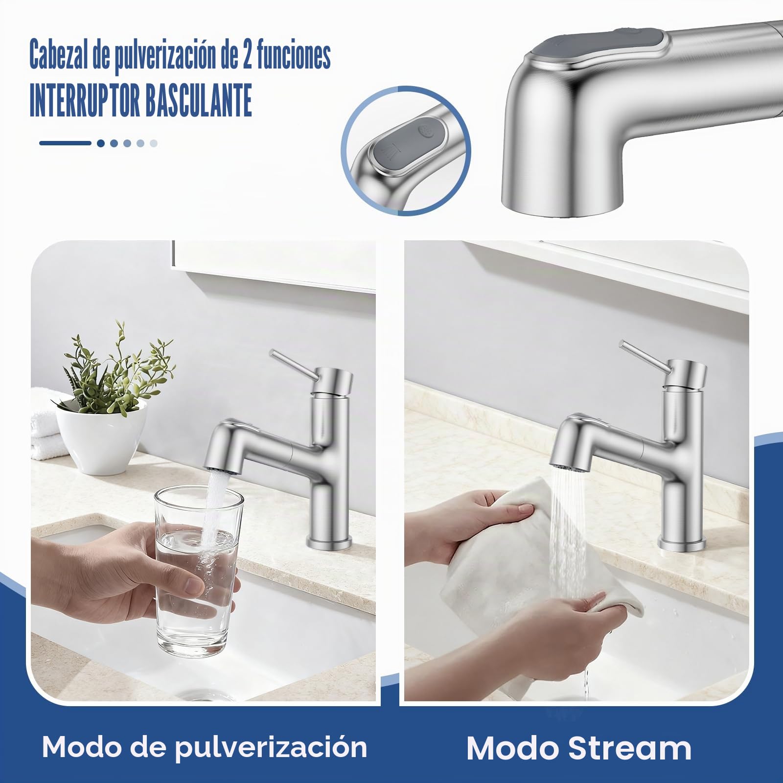 HURRAN Grifo de Baño con Cabezal Extraíble, Monomando para Lavabo con 2 Modos, Grifo para Fregadero de Uso General, Acero Inoxidable, Niquelado Cepillado