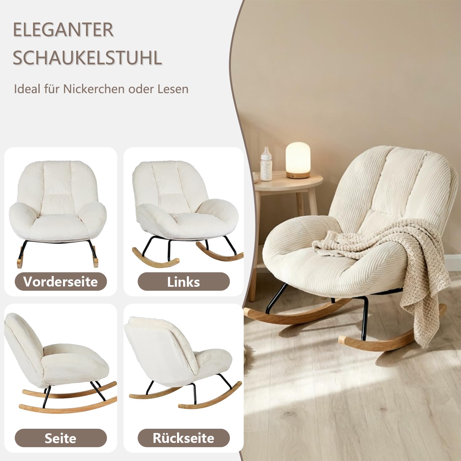 MEUBLE Cosy Schaukelstuhl Relaxstuhl mit Breiter Komfortsitz, Schaukelsessel aus Cordstoff, für Wohnzimmer Schlafzimmer Babyzimmer, bis 120 kg belastbar, Beige