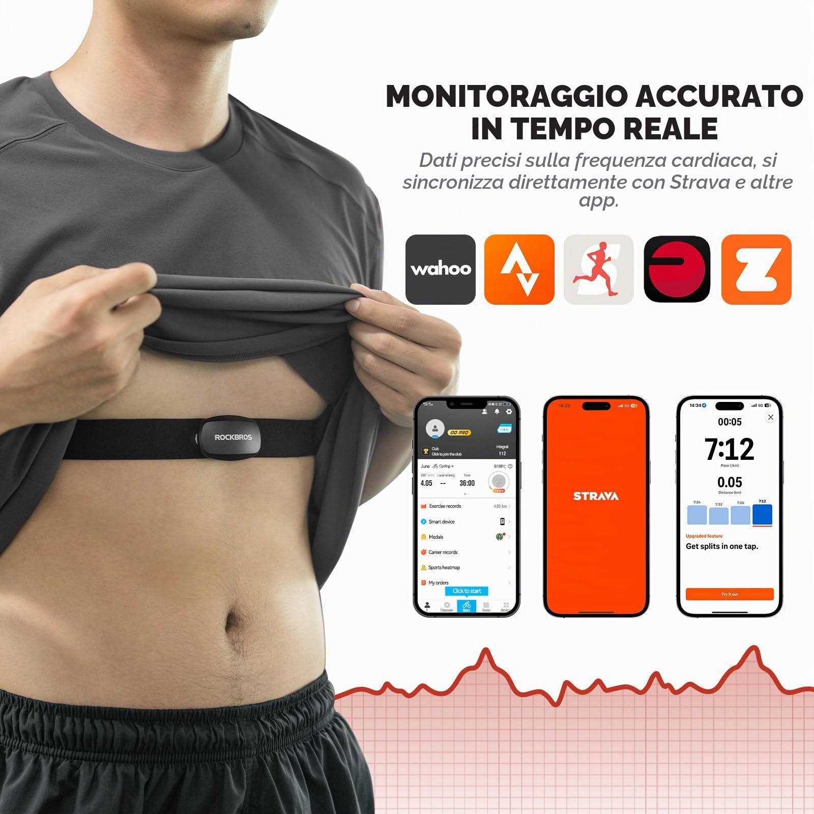 ROCKBROS Fascia Cardio Bluetooth e ANT+, Cardiofrequenzimetro da Braccio con Fascia Sensore di Frequenza Cardiaca in Tempo Reale, Impermeabile IP67, Compatibile con Strava Zwift Wahoo Garmin
