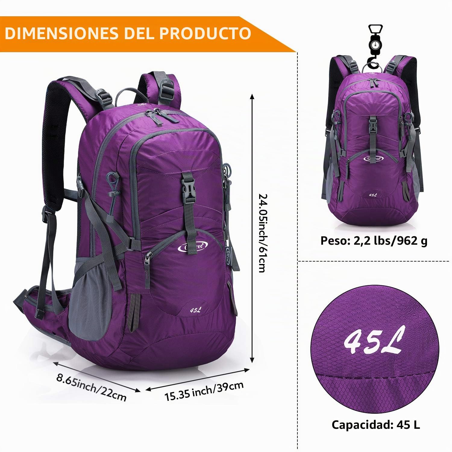 G4Free Mochilas de senderismo de 45 litros con cubierta para la lluvia, impermeable, mochila de senderismo, mochila de viaje al aire libre, camping, montañismo, senderismo, para hombres y mujeres