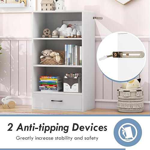 Miniatura 6 de GOFLAME Estantería de 4 niveles con cajón de almacenamiento, moderna estantería alta con 3 estantes abiertos, estantería de almacenamiento