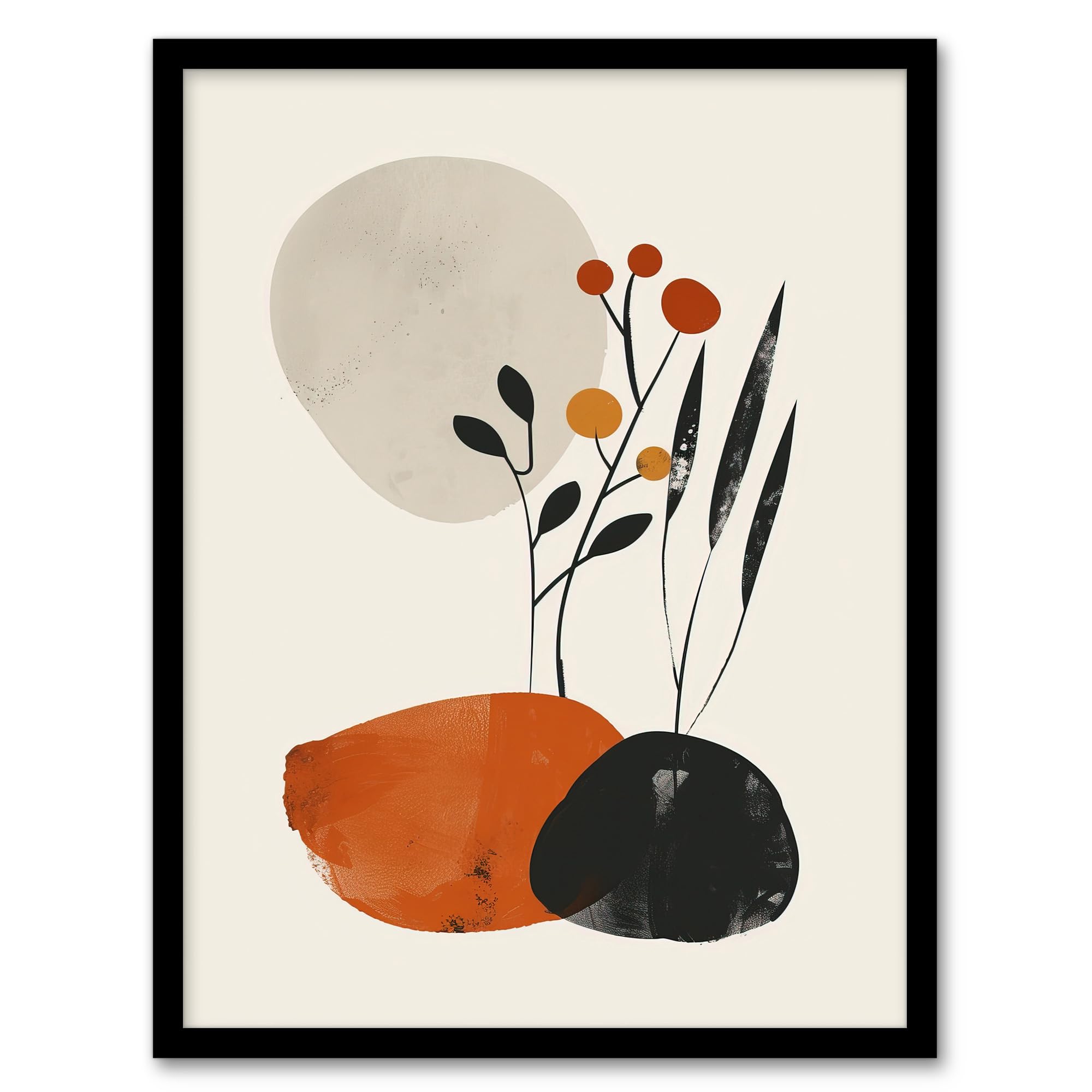 Artery8 Rocks And Wild Flowers Bright Boho Japandi Style Living Room Artwork Framed Wall Art Print A4