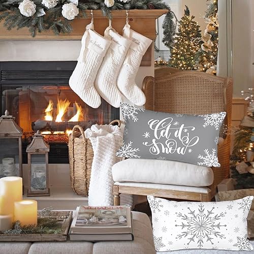 Miniatura 4 de Lanpn Juego de 4 fundas de almohada lumbares de Navidad blancas y grises de 12 x 24 pulgadas, fundas decorativas largas de Navidad con copos de