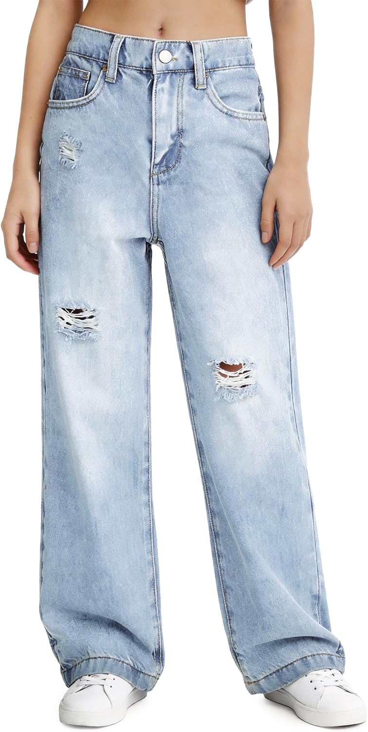 PATPAT Girls Wide Leg Jeans Size 4-14 Years Elastic Waist Ultra Stretch Baggy Jeans with Pockets