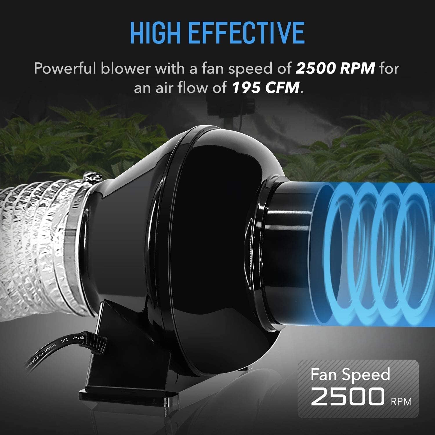 iPower 10,2 cm, 195 CFM Inline-Ventilator, Belüftung, Abluftgebläse, Luftkohlefilter, 2,4 m, flexible Leitung und Seilaufhänger für Wachstumszelt, HVAC-Heizung, Kühlung