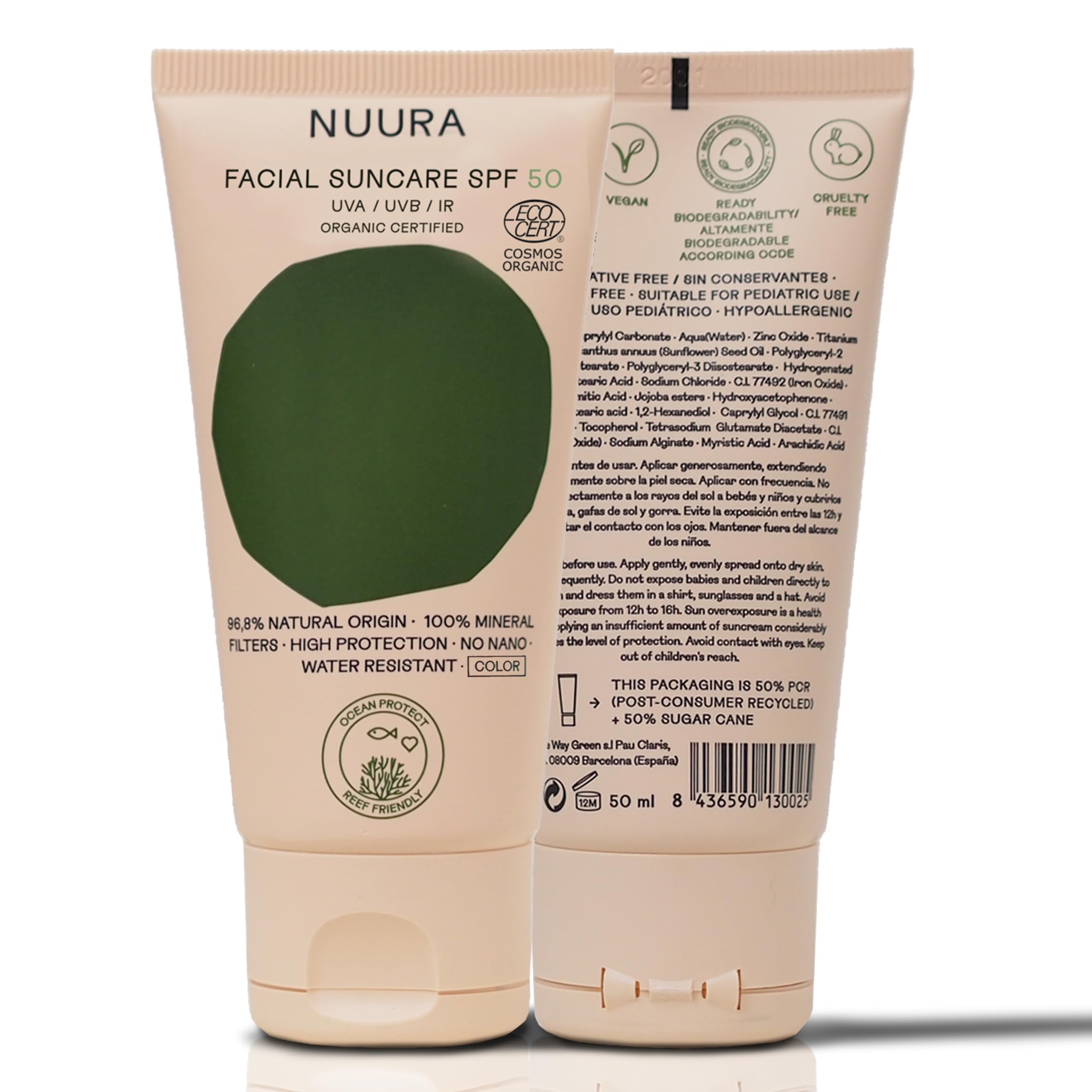 NUURA - Protector Solar Facial Mineral con Color Ecológico - SPF 50+ UVA/UVB/IR - Vegano, Cruelty Free, Ocean & Reef Respect - Para Pieles Sensibles, 50 ml