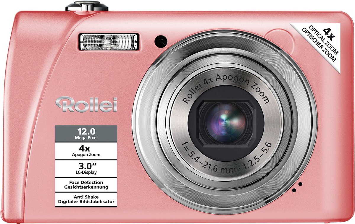 Voorkant view of the Rollei Flexline 200 digital camera in pink, showing the lens, flash, and branding.