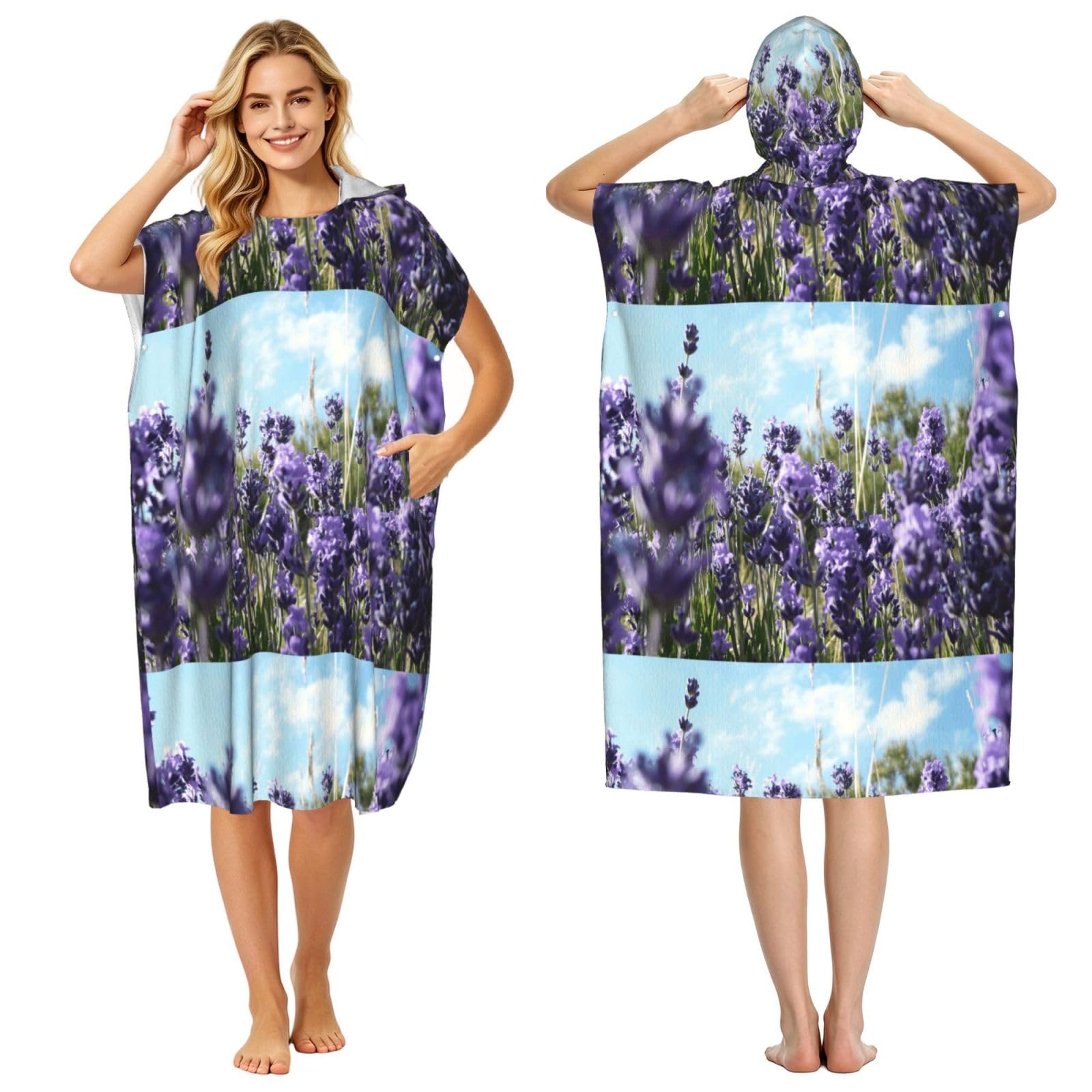 Poadnly Lavender, Adult Hooded Beach Towel 90 x 110 cm,Changing Bath Robe, Surf Poncho Towel For Women Men