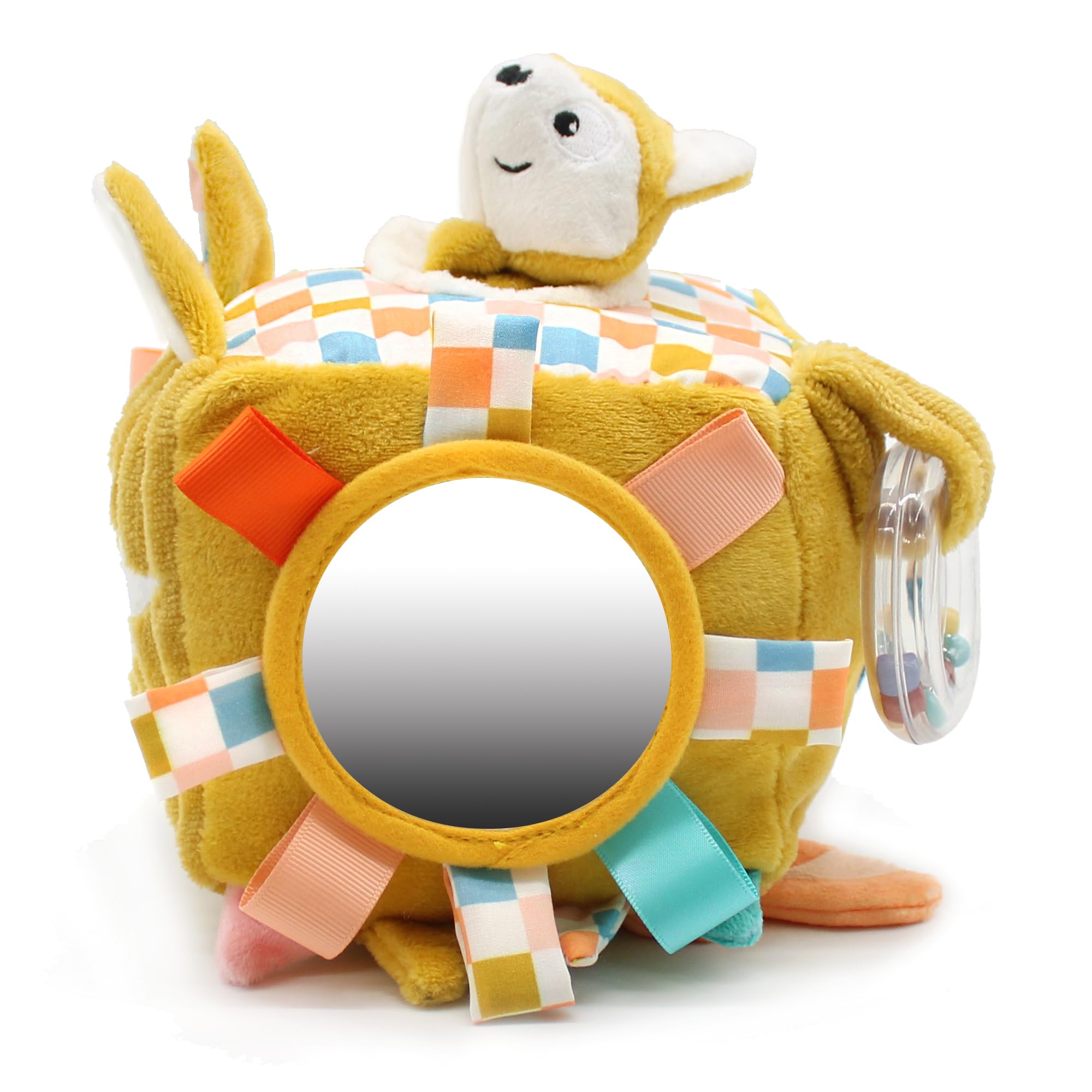 Les DEGLINGOS - Cube d'activités en Tissu Cyranos Le Renard - Jouet d'éveil sonore et Tactile pour bébé - Jouet de développement - Cadeau de Naissance - 12cm - Moutarde Moutarde