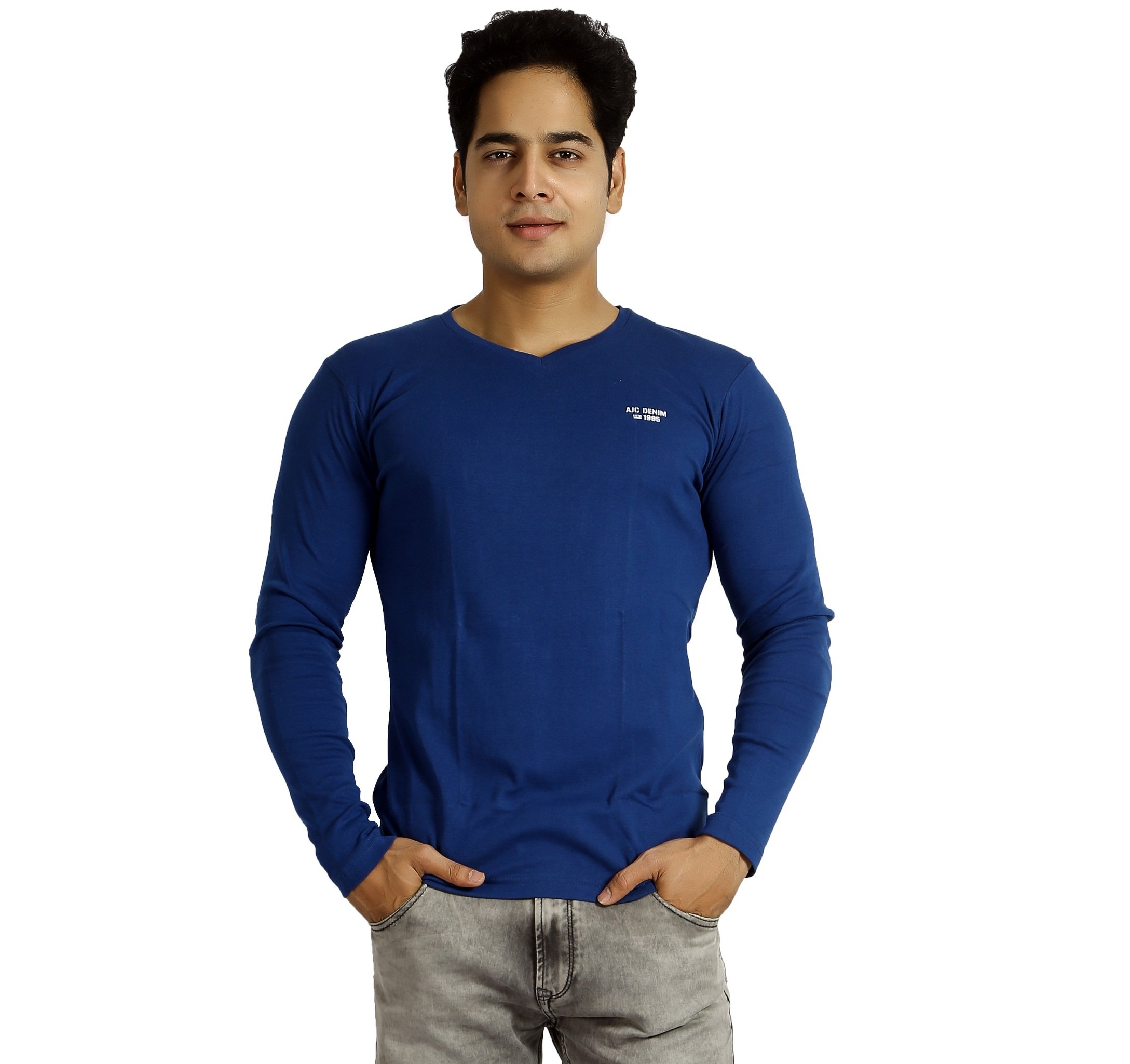 Basilio Cotton Blend V Neck Solid Full Sleeve Regular Fit T-Shirt for Men