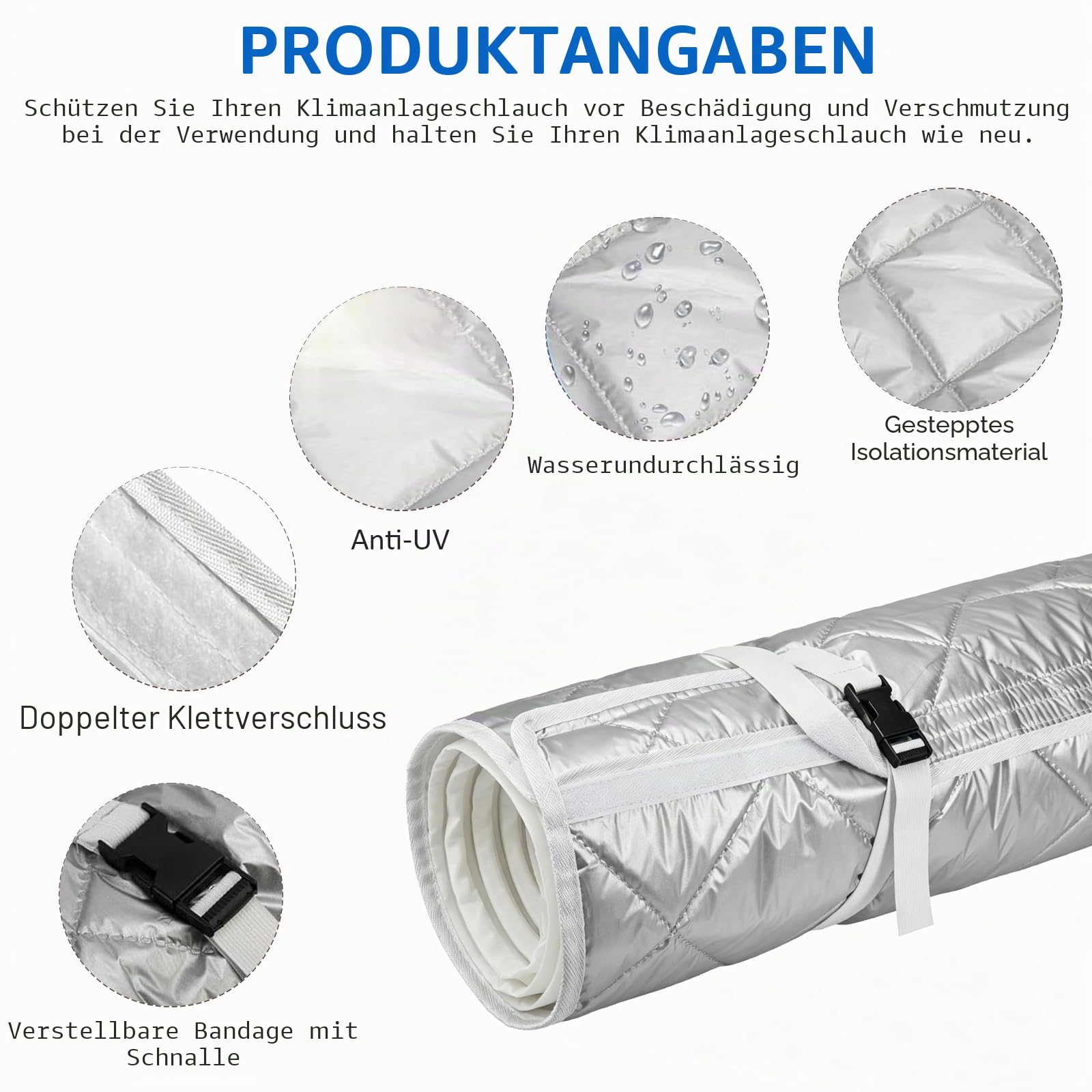 2 Stück 150x58CM Klimaanlage Abluftschlauch Isolierung für Ø15CM Abluftschläuche, Gesteppte Klimaschlauch Abdeckung für Mobile Klimageräte mit Klettverschluss und Verstellbaren Gurten(Silber, 2 Set)
