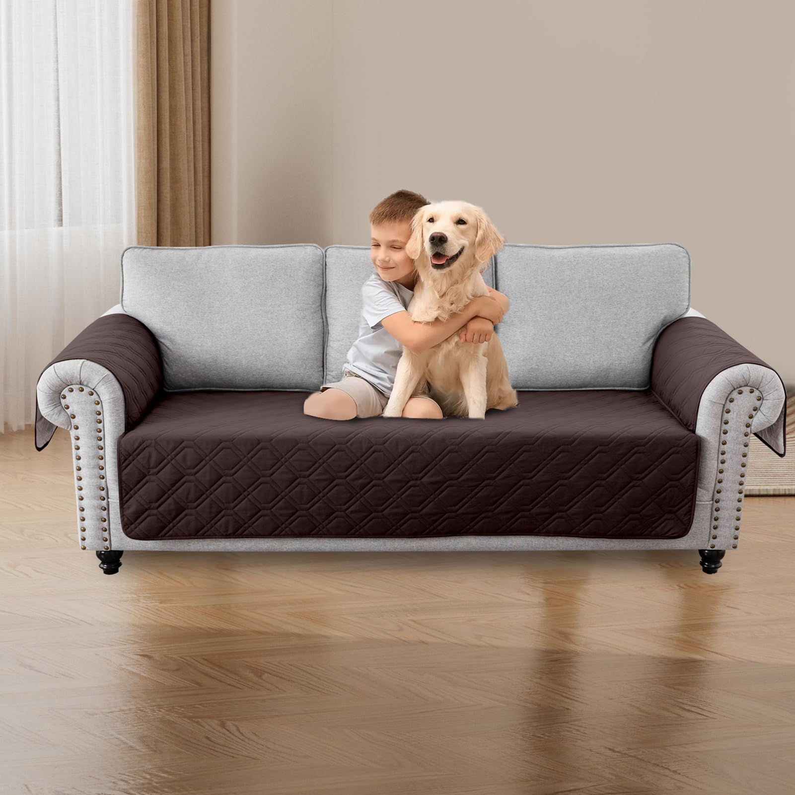 Funda de Sofá, Funda de Sofá de Protección para Mascotas, para Gatos Arañazo y Perros Mascotas, Impermeable Fundas Sofa (Café,3 Plazas)