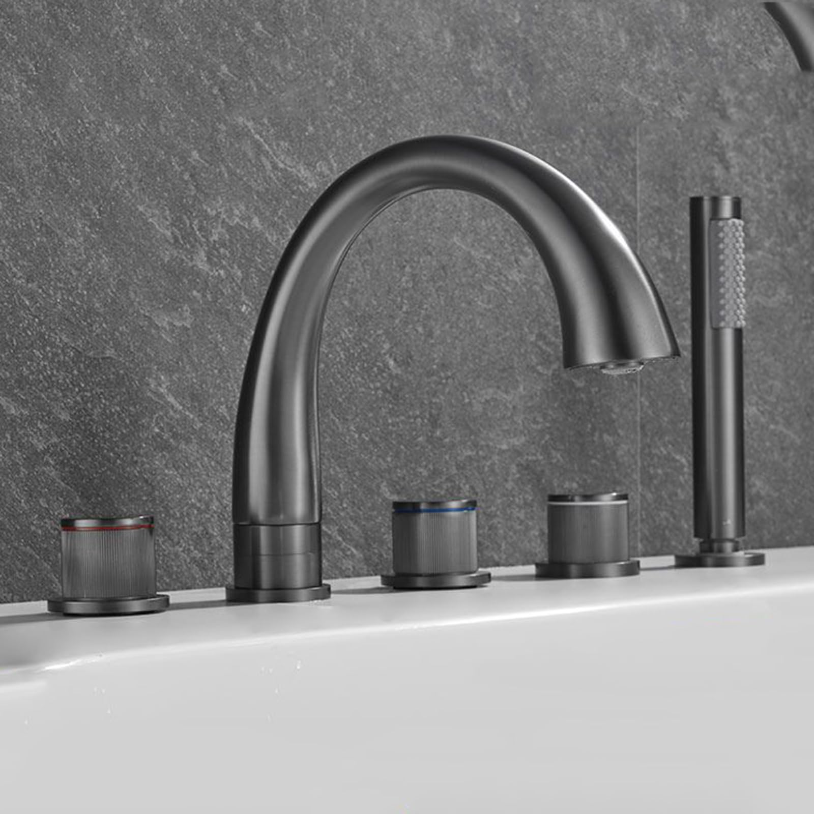 Mitigeur baignoire 5 trous gris pistolet avec douchette rotative