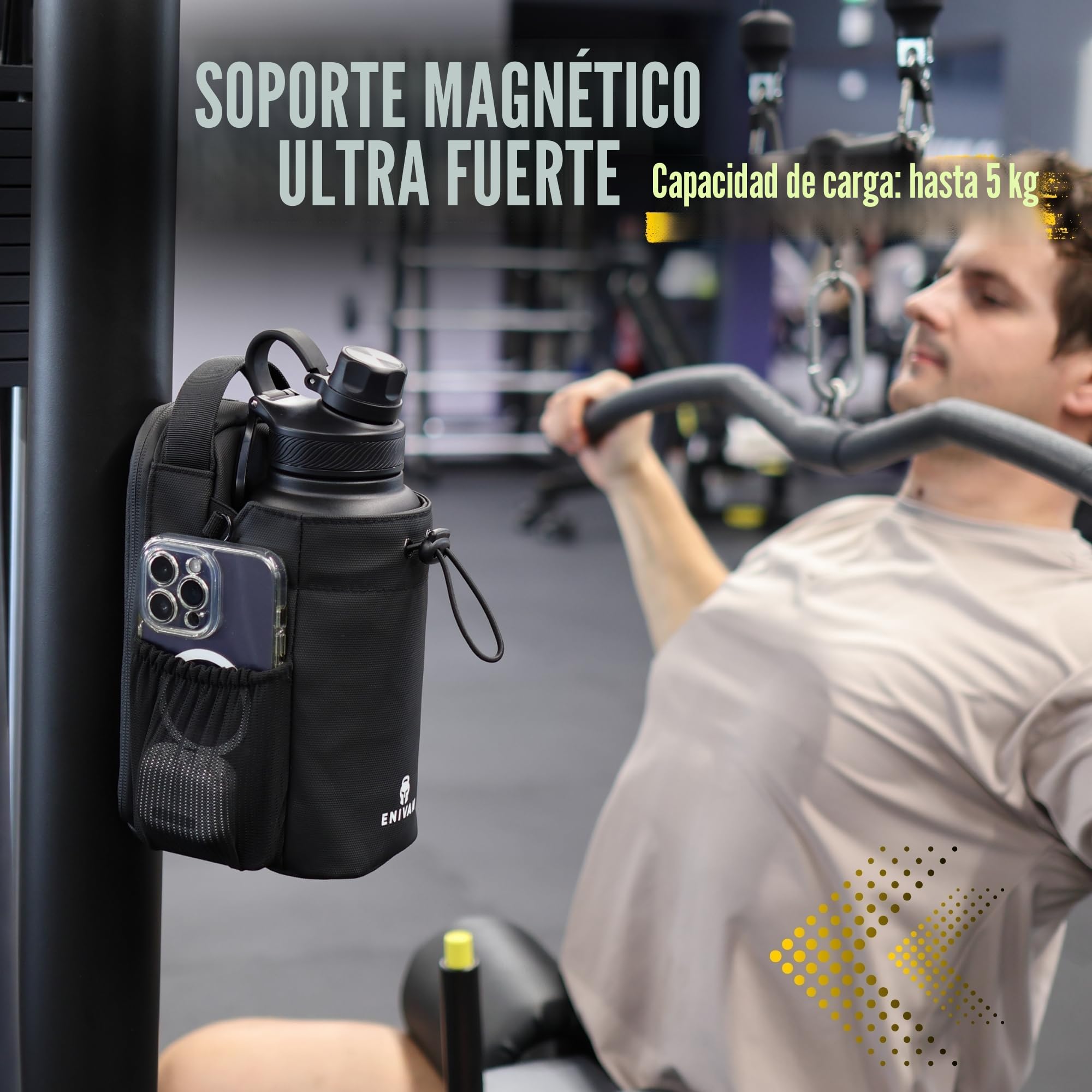 Bolsa Deportiva magnética, Soporte para Botella 1,5L, Bolsillo para móvil, Correa Ajustable Hombre Mujer, mosquetón Llaves, riñonera para Fitness, Gimnasio, musculación, Negro