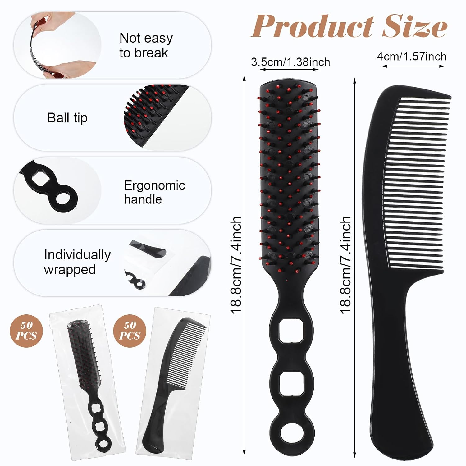 100 Pcs Hair Brush and Comb Set for Women, Bulk Individually Wrapped Hairbrush Set, Lightweight Brushes and Combs for Travel, Hotel, Gym, Charity & Personal Care (Black)