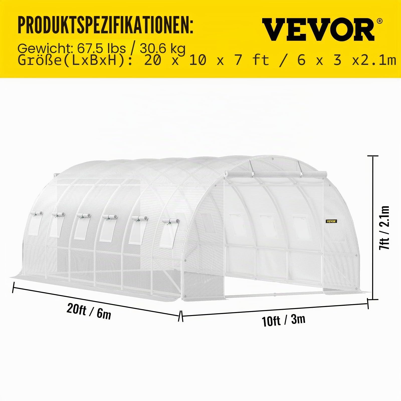 VEVOR Foliengewächshaus 6,1x3x2,1m Bogendach Gewächshaus Verzinkter Stahlrahmen 140 g/cm³ PE Mobiles Treibhaus Wasserdicht und UV-Beständig Frühbeet Geeignet für Anbau von Gemüse Blumen Pflanzen