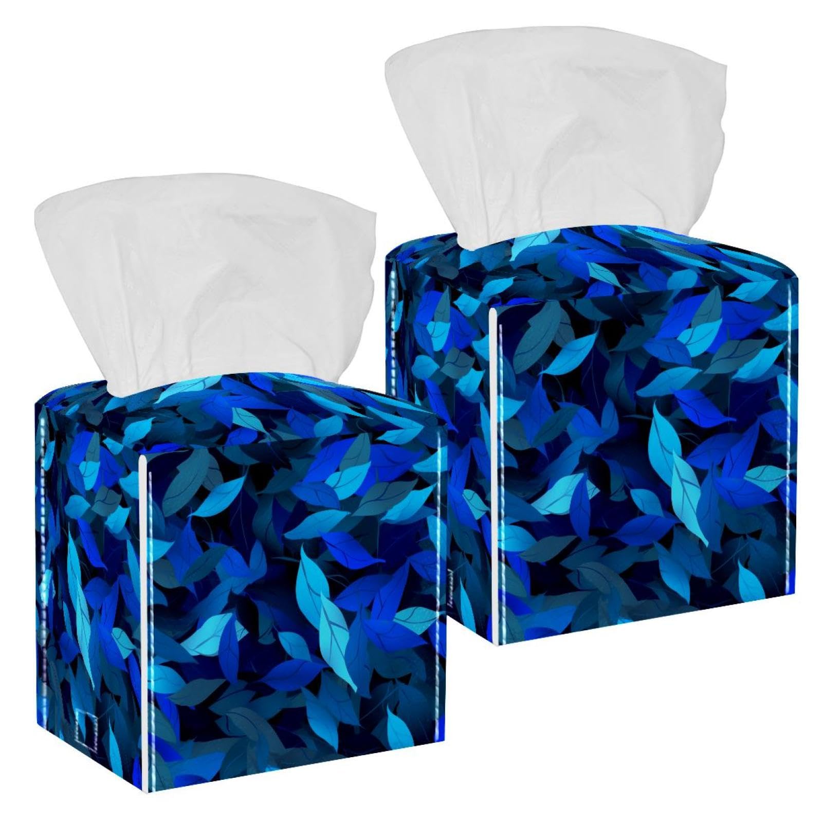 Artistic Leaves Tissue Box Cover, 2 Pack PU Leather Square Facial Tissue Dispenser Box holder for Home Office Car