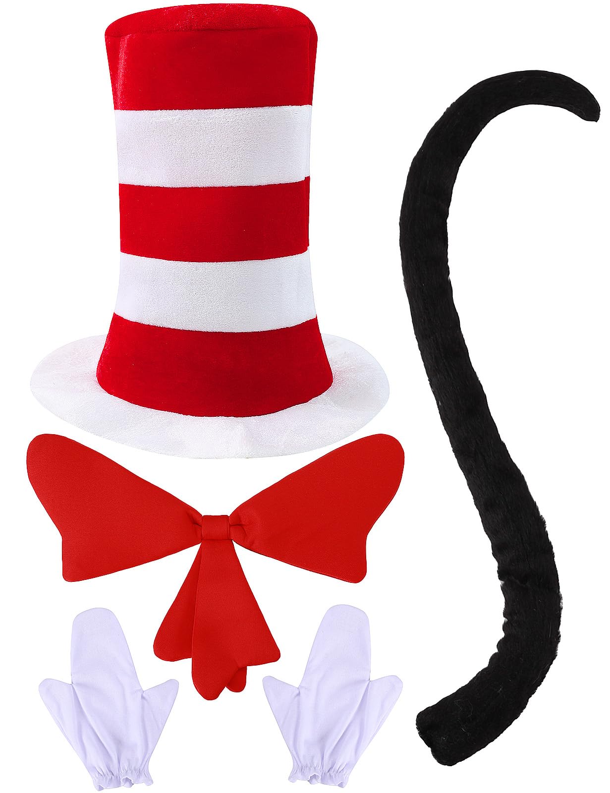 COSAVOROCK 4Pcs Red and White Striped Stovepipe Tall Hat Book Day Costume Accessories Set, One Size