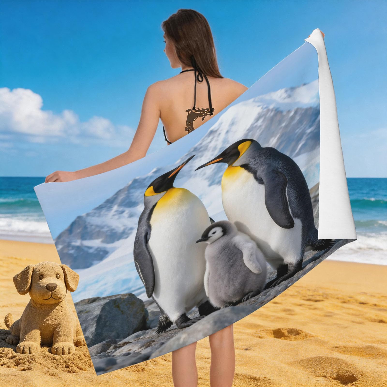 Leichong 3D Cute Penguin Beach Towel Large Microfiber Soft Quick Dry for Adults, Baby Penguin Bath Towel Lightweight Soft Absorbent for Travel Swimming Pool Sports, 80 x 160 cm