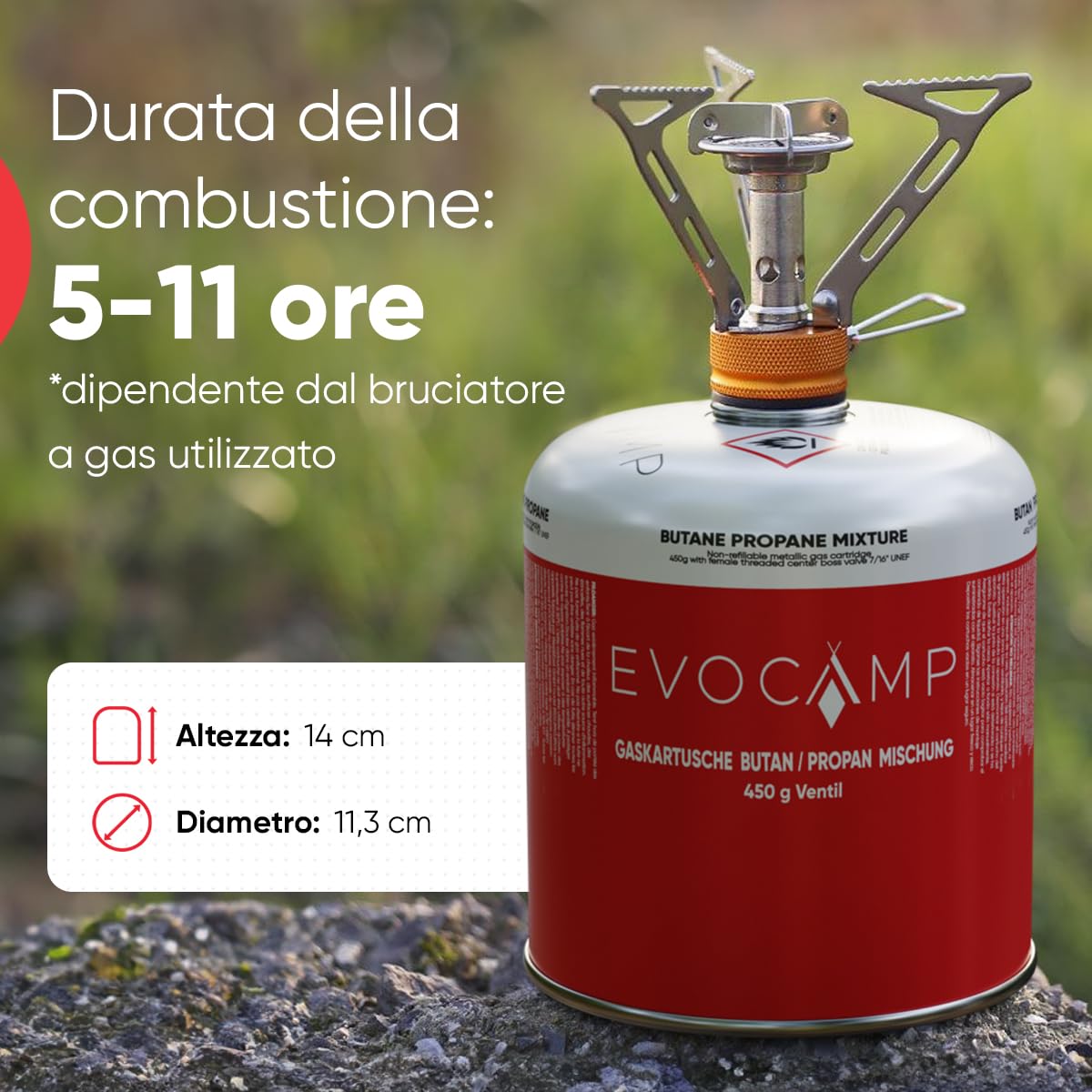 EVOCAMP Cartuccia di gas propano butano da 450g, cartuccia a vite con filettatura europea 7/16", bombola di gas a valvola da 809ml, bombolette di gas utilizzabile per griglie Weber (12X)