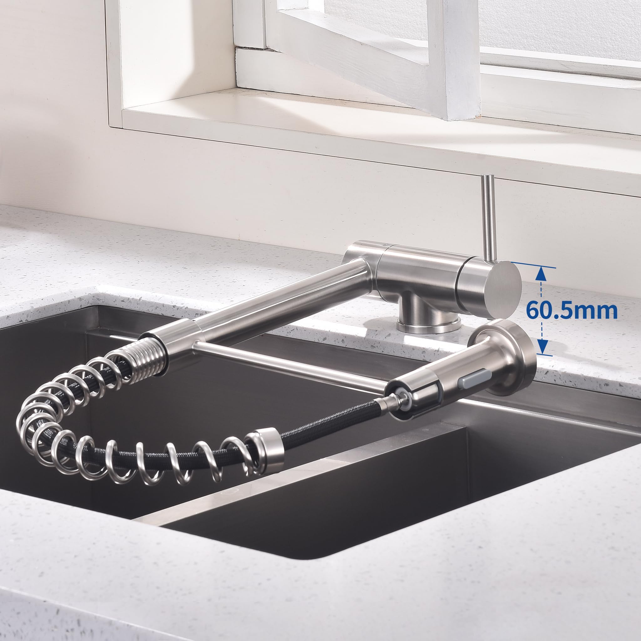 HOMELODY Wasserhahn Küche Edelstahl Ausziehbar für Vorfenster | 2 Strahlarten Brause, 360° drehbar, Spiralfeder-Design für die Spüle am Fenster, Hochdruck