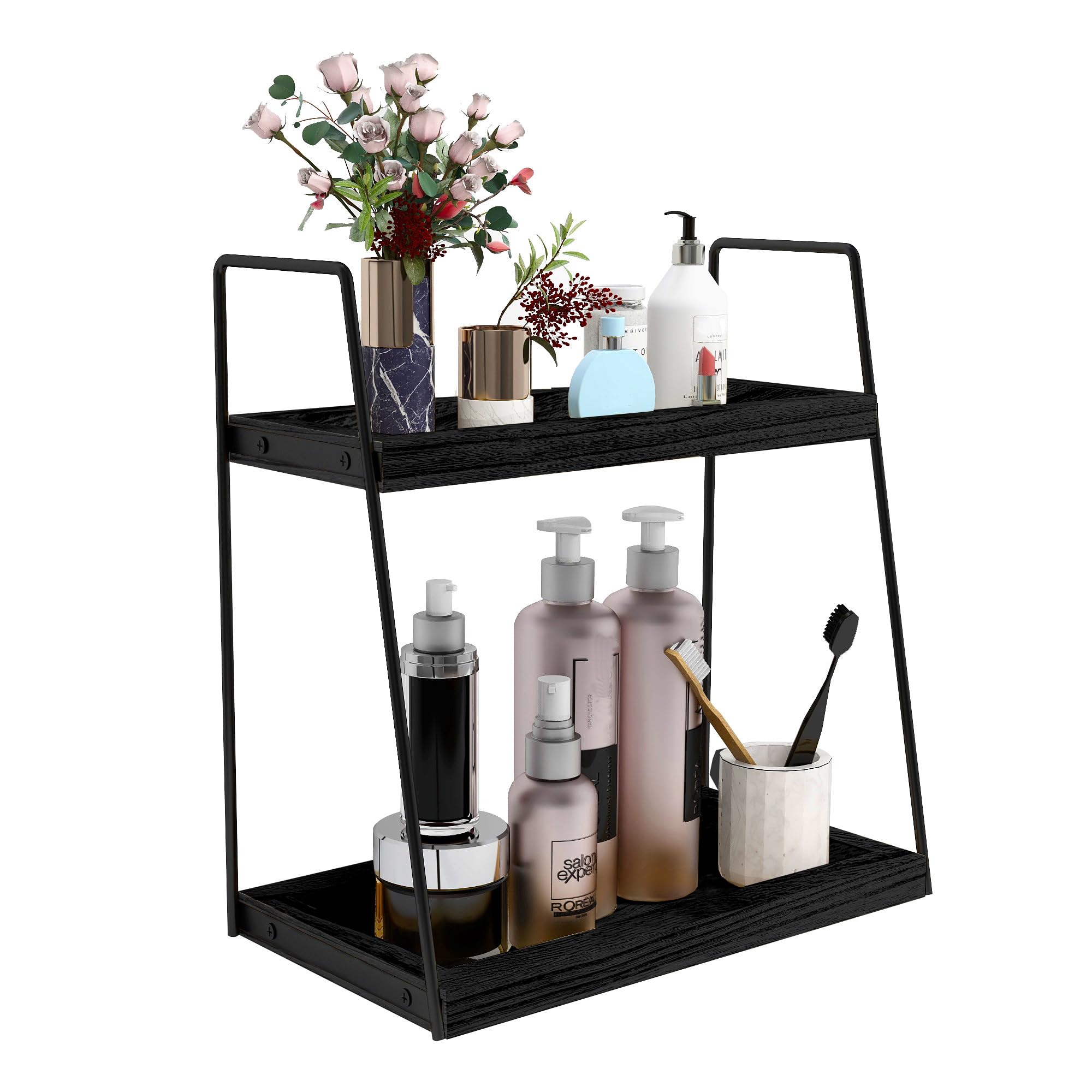 Dorhors 2 Tier Bathroom Counter Organizer Storage,Vanity Organizer for Bathroom Counter,Wood Standing Rack for Kitchen(Black)