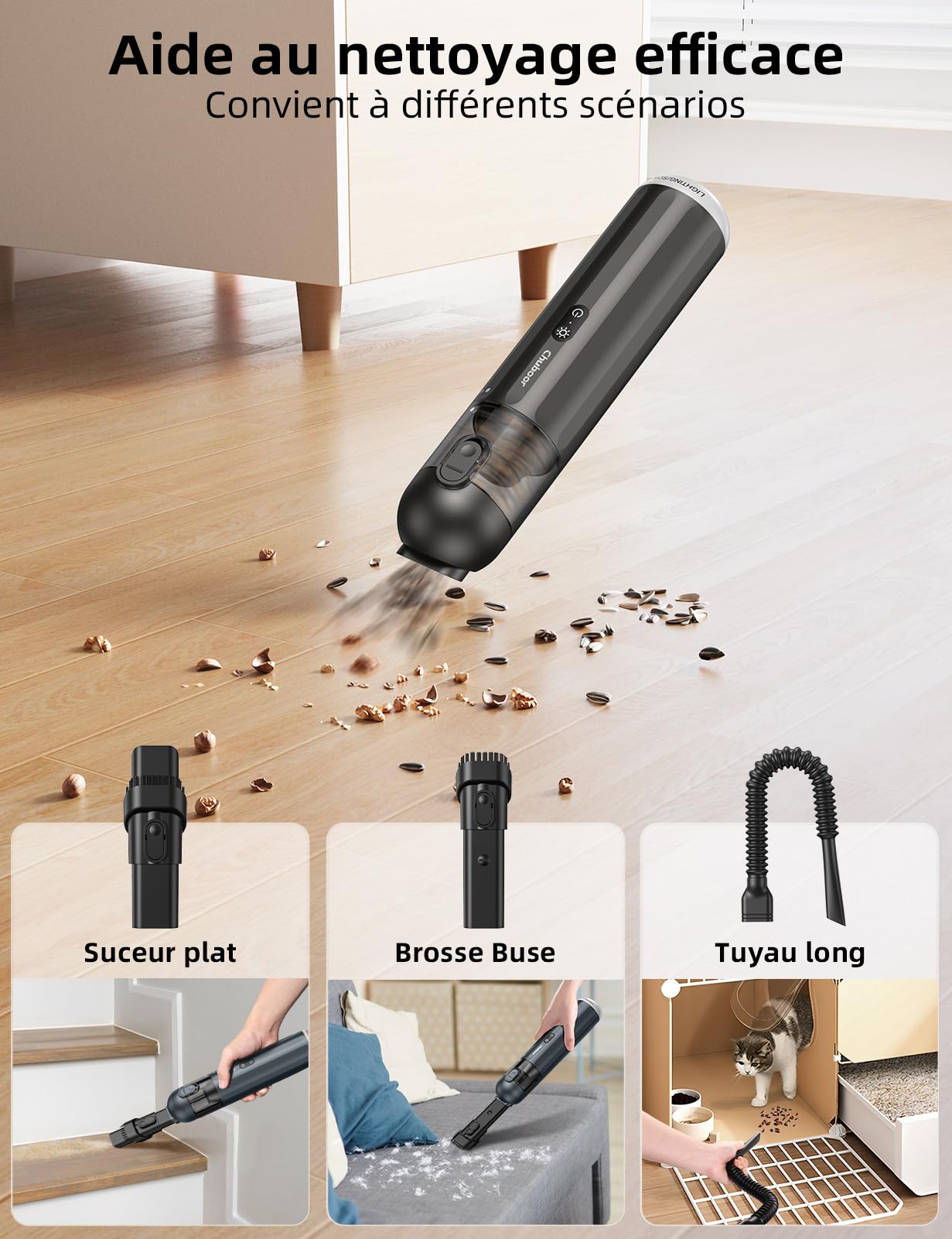 Chuboor Aspirateur Voiture, Aspirateur à Main 14000Pa Mini Aspirateur 6 en 1 Multifonction 25min avec Souffleur d'air/Gonfleur/Pompe/LED et Lumière SOS pour La Maison, La Voiture, L'extérieur