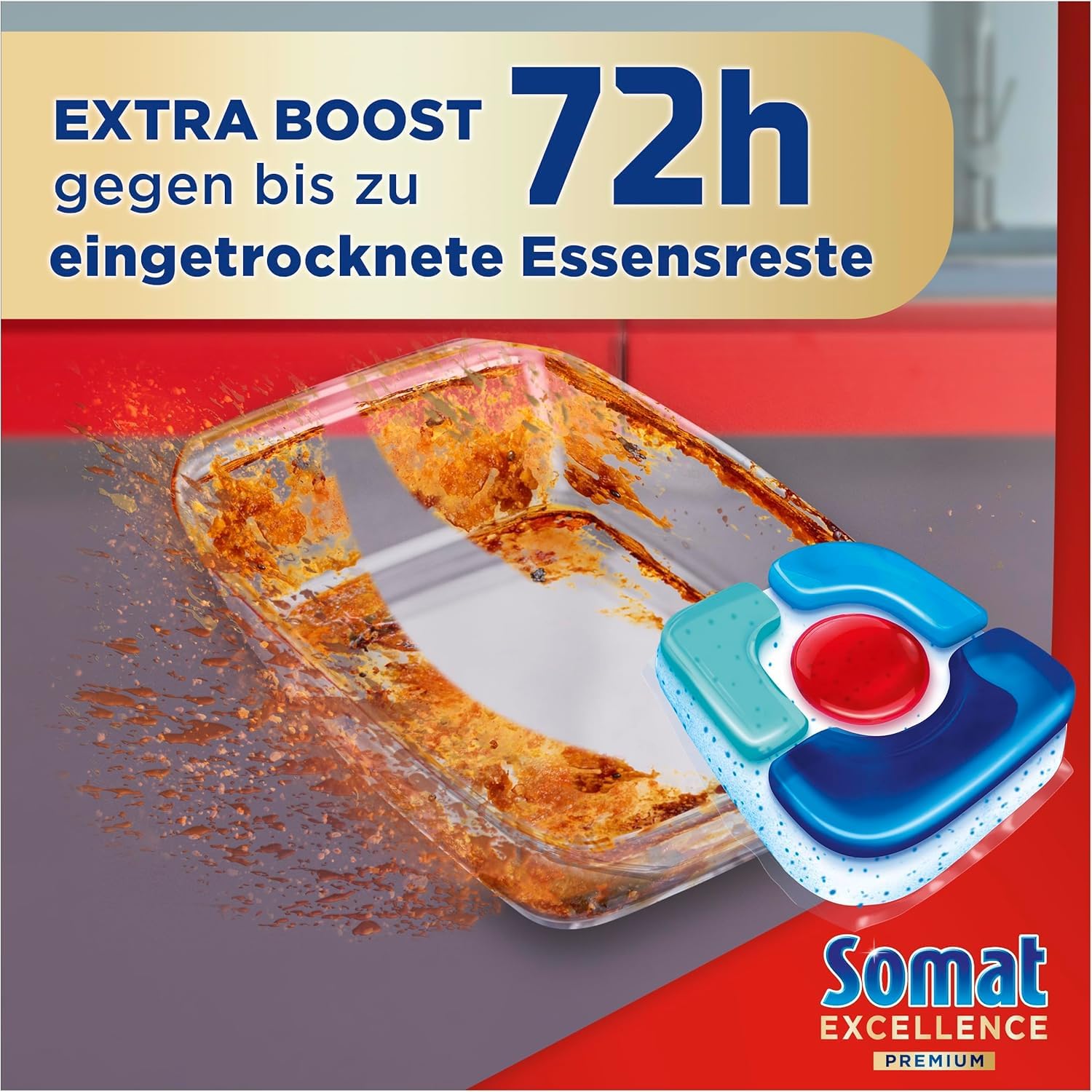 SOMAT Excellence Premium 5in1 Caps 128 Stück (8 x 16 Caps), schnellauflösende Tabs mit Extra-Boost, entfernen eingetrocknete Reste und wirken in Kurz-, Eco- und Niedrigtemperaturprogrammen.