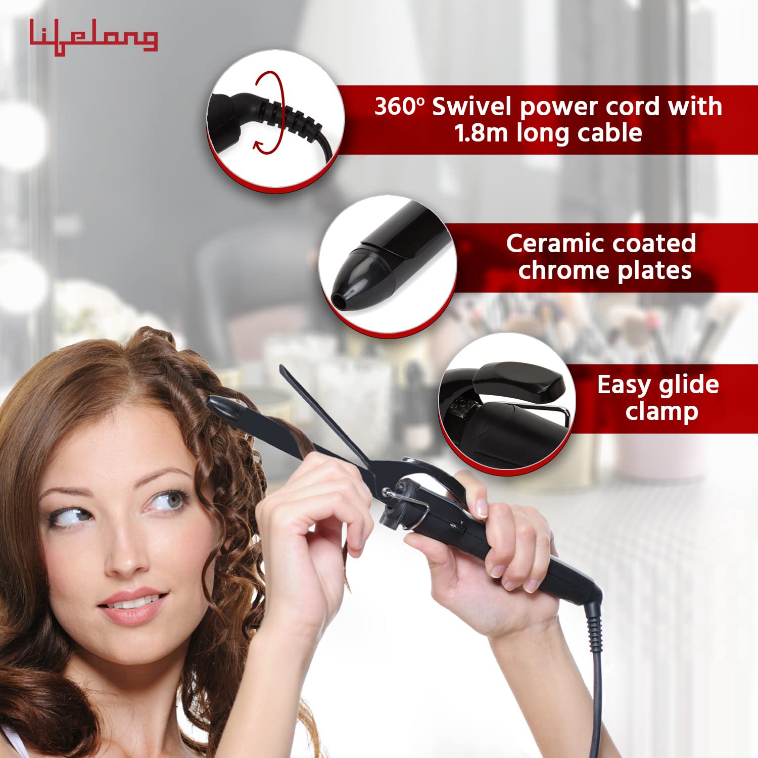 Features of Lifelong LLPCW14 Hair Curler including swivel cord, ceramic plates, and easy glide clamp