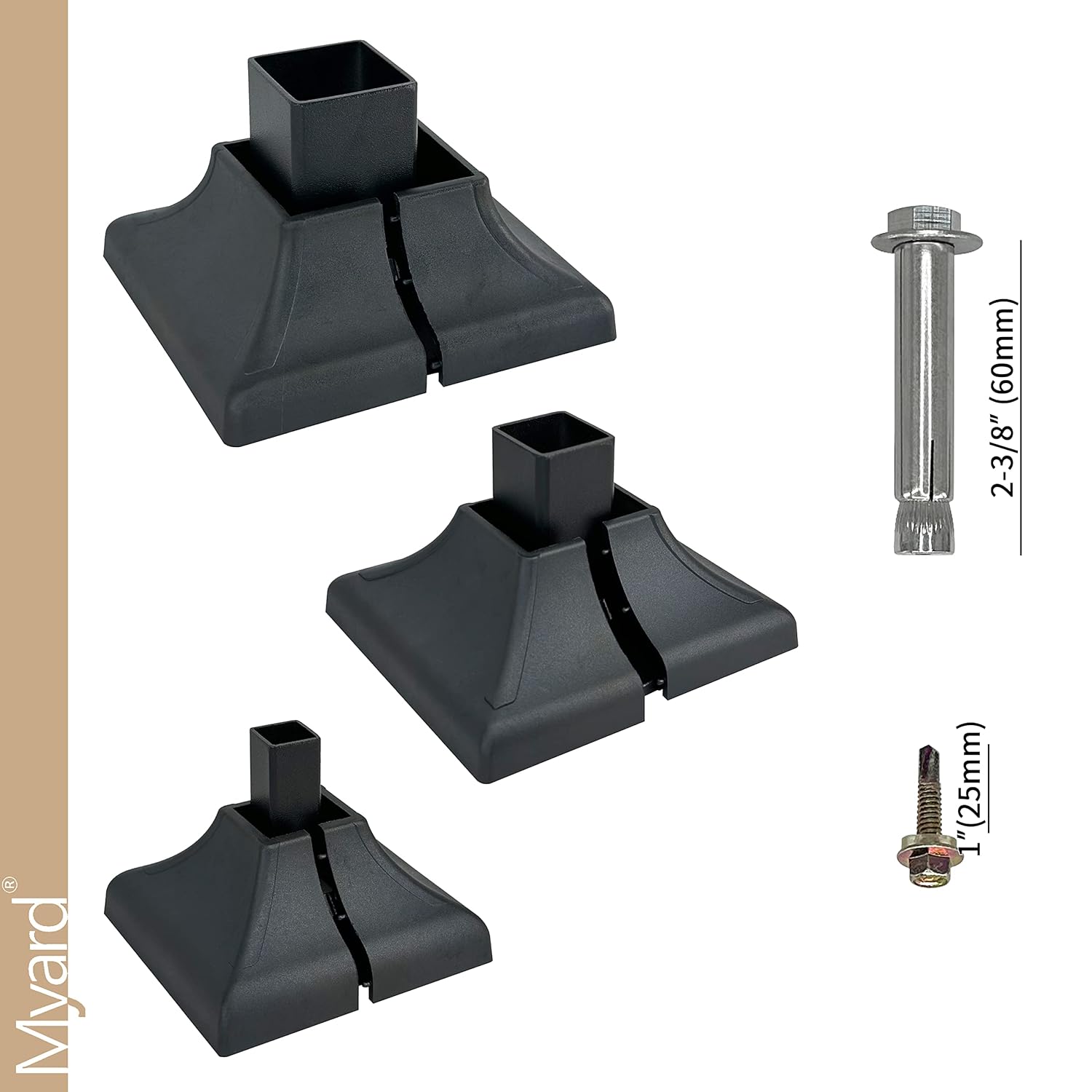 Heavy Duty Steel Fence Base Flange Kit for 1 Inch Square Posts Complete Set with 1 Base, 1 Interlocking Cover, 4 Anchor Bolts, 4 Tapping Screws on Deck Garden Farm (1", 4-Pack)