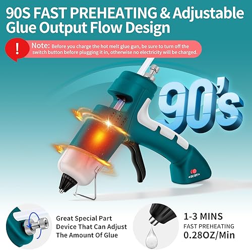 Miniatura 3 de Pistola de pegamento caliente inalámbrica de 20 W, pistola de pegamento con 30 barras de pegamento, pistola de precalentamiento rápido con cargador