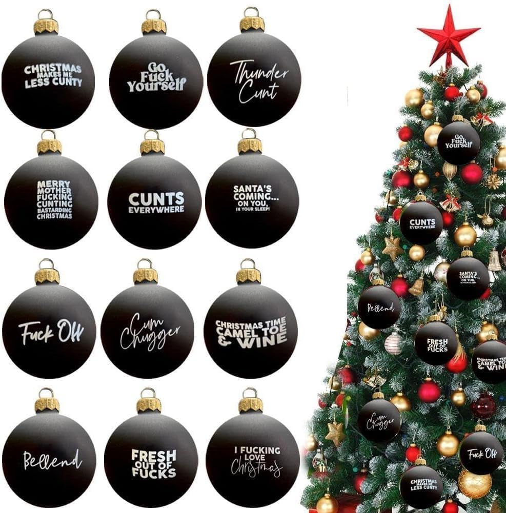 Ginger Tech Black 12Pcs Sweary Bauble Bundle, Christmas Ball Ornaments, Funny Christmas Hanging Ornaments, Offensive Christ-Mas Tree Bauble Ornaments, Novelty Exchange Gifts For Adults