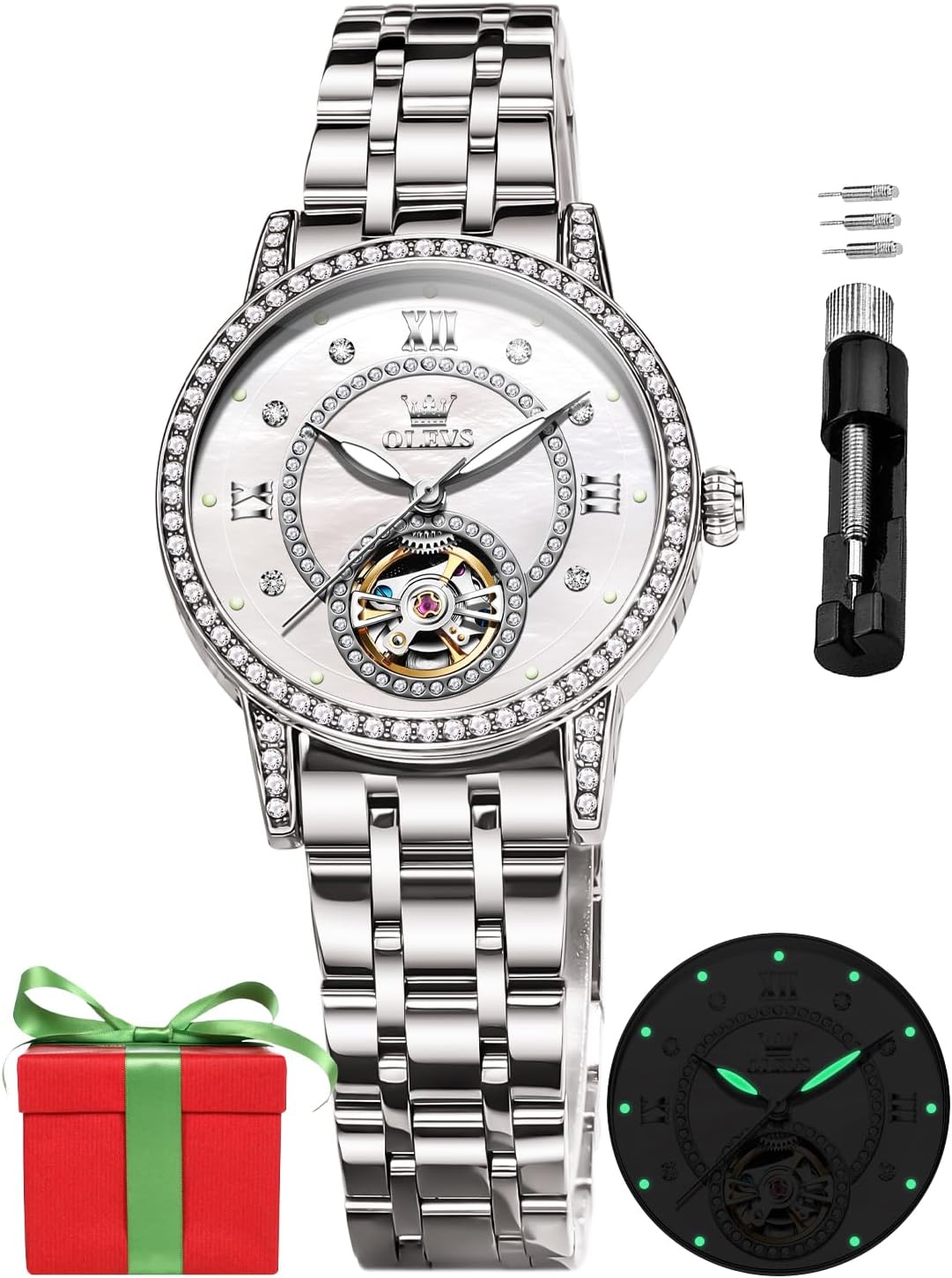 OLEVS Automatic Women's Watches Skeleton Starry Sky Ladies Watch Silver Rose Gold Mechanical Luxury Business Dress Diamond Luminous Waterproof Wrist Watches Watches