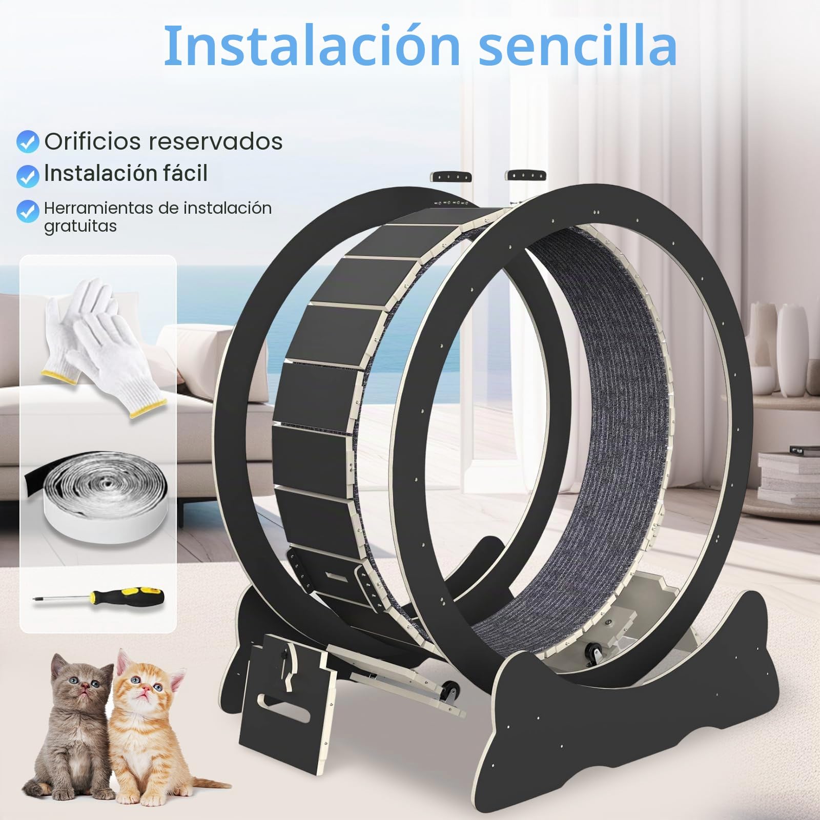Rueda de Correr para Gatos, 110cm Rueda para Gatos de Madera, Grande Rueda Ejercicios de Gatos de Interior, Súper Silencioso, Juguete para Mascotas Gatos (Negro)