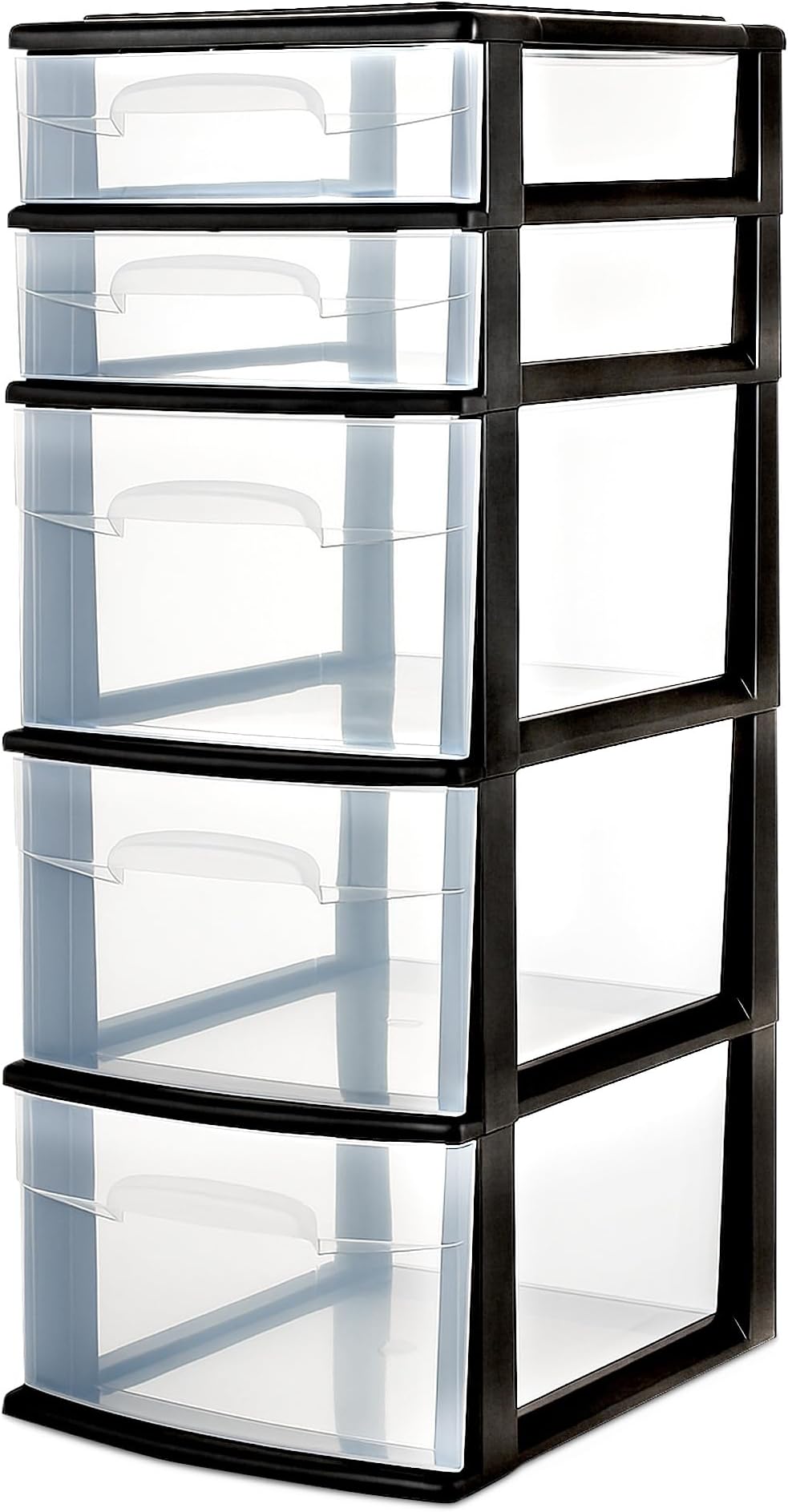 HOMZ Drawer Tower, 5-Tier Clear Plastic Storage Organizer Unit, Black Frame - Multi-Purpose Container Drawers for Home, Bathroom, and Office Organization