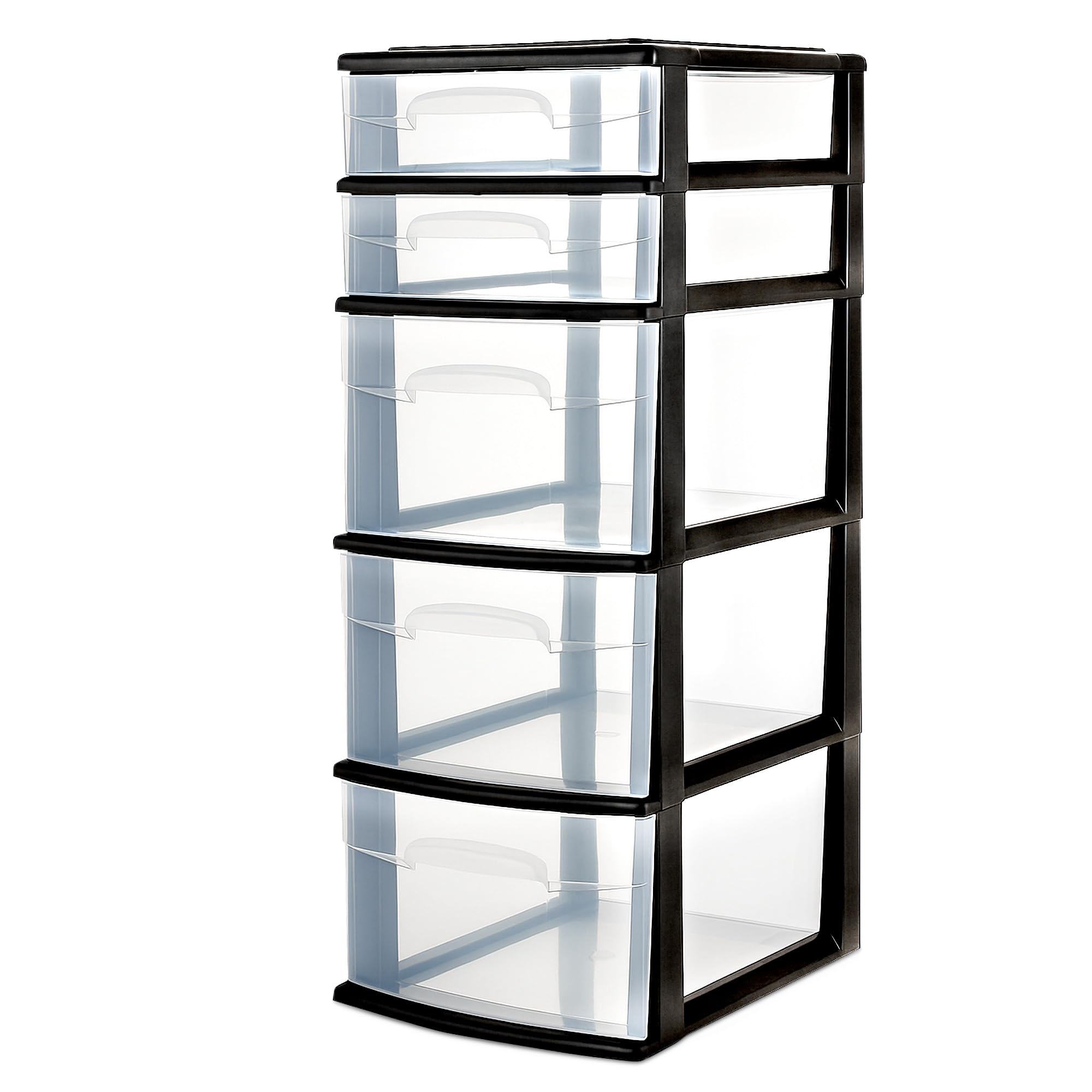HOMZ Drawer Tower, 5-Tier Clear Plastic Storage Organizer Unit, Black Frame - Multi-Purpose Container Drawers for Bedroom, Bathroom, and Office Organization