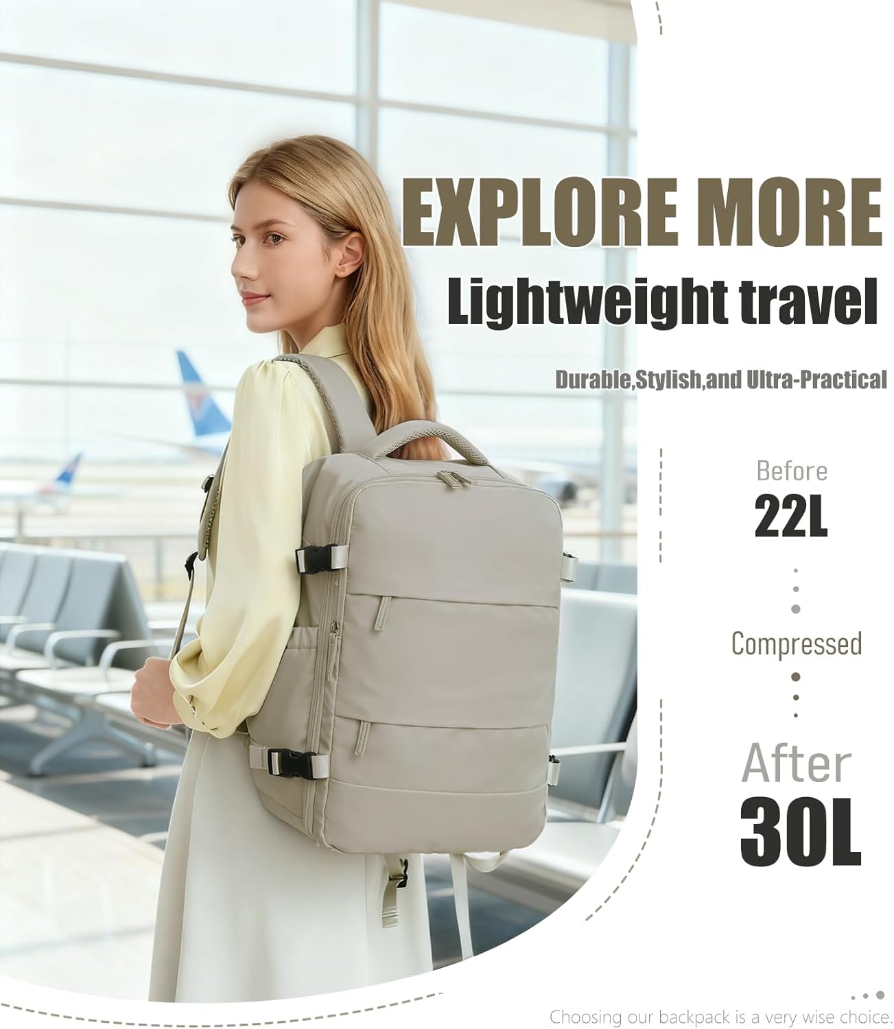 Travel Backpack w/Vacuum Compression (w/Pump) - Carry-On, 18x14x8 In, Multi-Comp Laptop Bag (灰棕色)