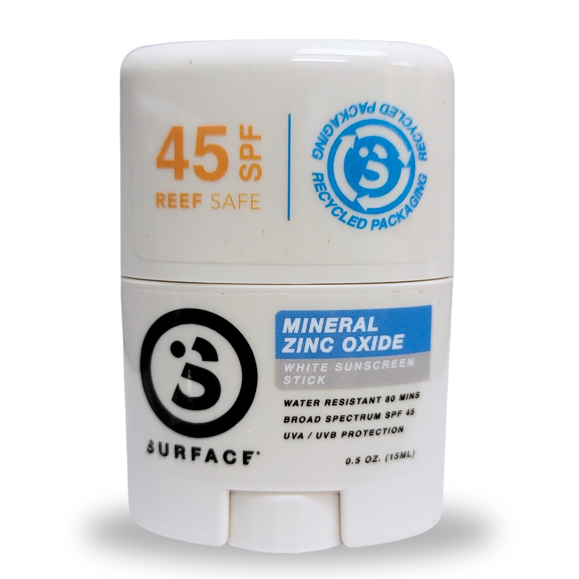 Surface Mineral Sunscreen Face Stick SPF 45, Lightweight Non-Nano Zinc Oxide Formula, Reef Friendly, Broad Spectrum UVA UVB Protection, Water Resistant Sun Care for 80 Minutes, Clear, 0.5oz