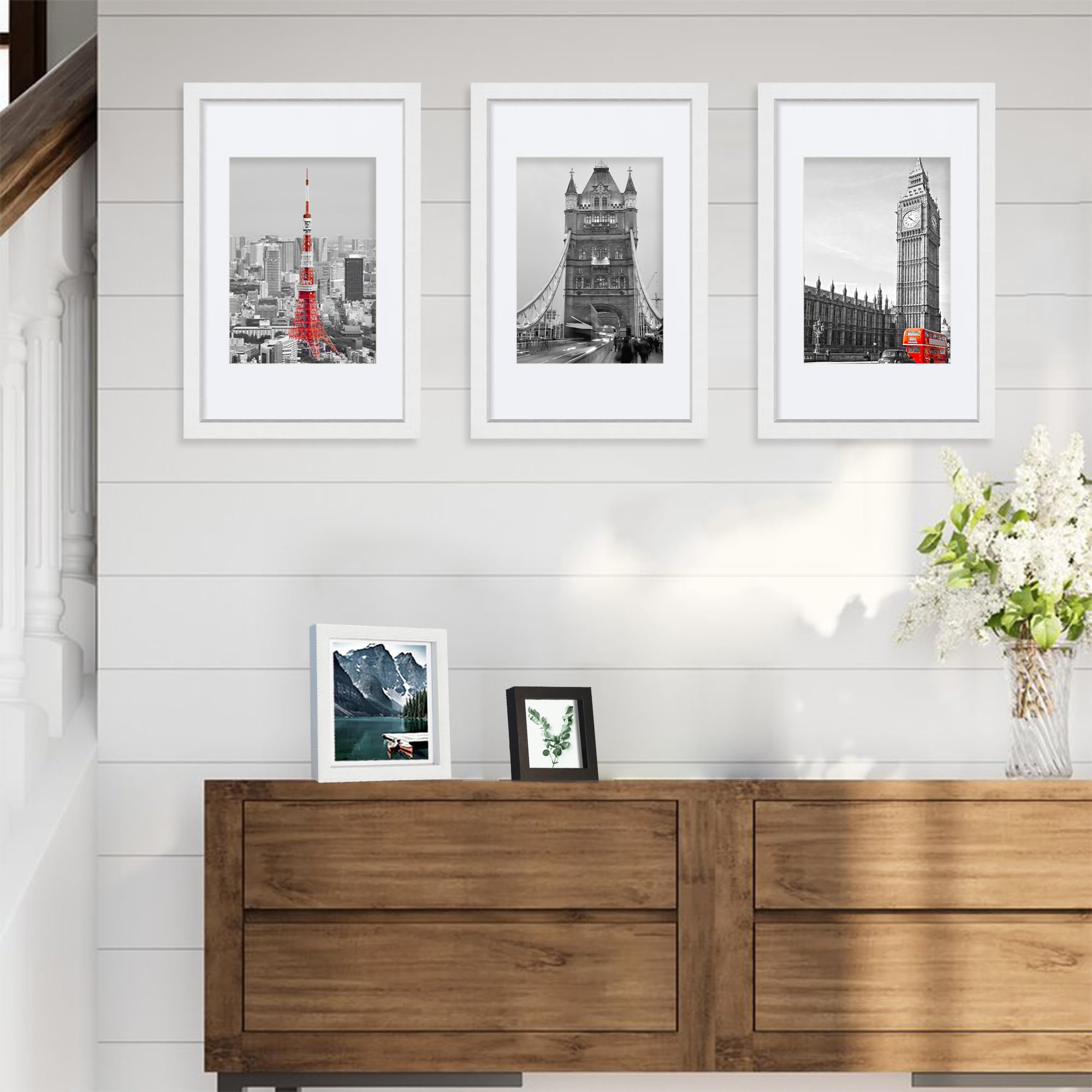 Hongkee 8x12 White Picture Frames set of 3, Made of Wooden and Glass Photo frame - Displays 6x8 Picture with Mat or 8 x 12 Poster without Mat, Desktop & Wall Collage Frame set