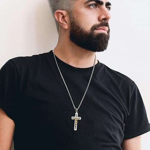 Miniatura 3 de HZMAN Católico Jesucristo en INRI Cruz Crucifijo Oro Plata Tono Acero Inoxidable Colgante Collar 22+2 Cadena