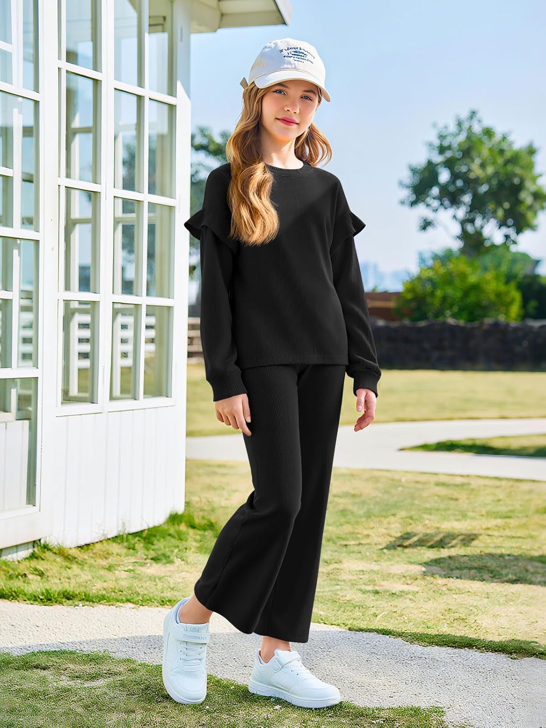 Yousify Girls 2 Piece Outfits Kids Casual Ribbed Knit Long Sleeve Shirts and Flare Pants Clothing Sets 5-14 Years - Image 4